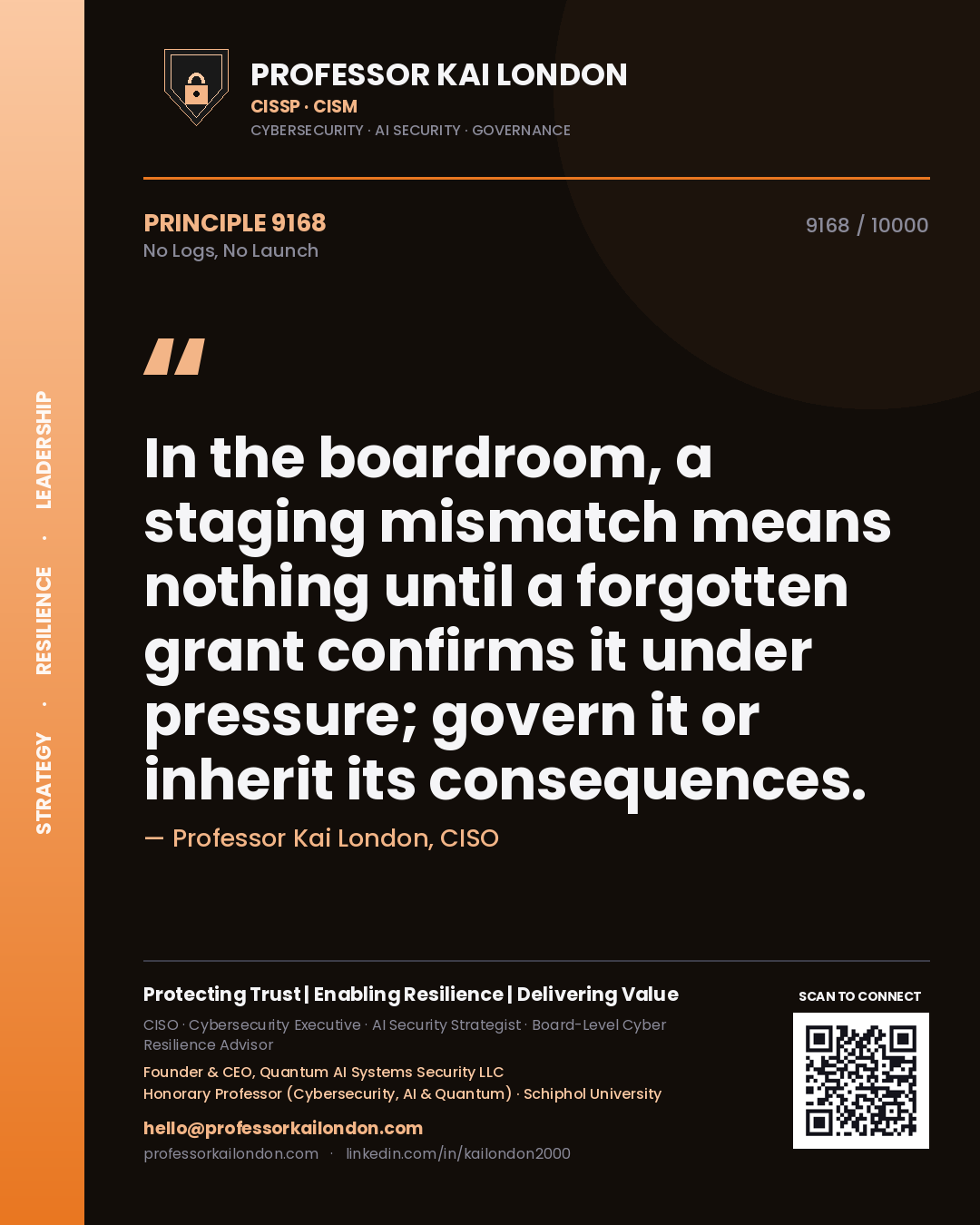 Quote card by Professor Kai London reading 'In the boardroom, a staging mismatch means nothing until a forgotten grant confirms it under pressure; govern it or inherit its consequences.'. From the book No Logs, No Launch.