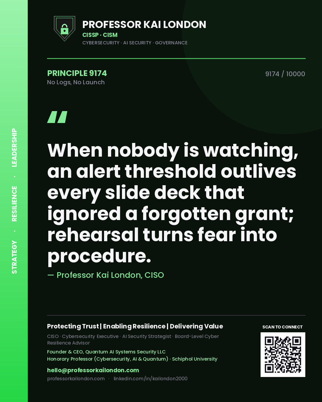 Quote card by Professor Kai London reading 'When nobody is watching, an alert threshold outlives every slide deck that ignored a forgotten grant; rehearsal turns fear into procedure.'. From the book No Logs, No Launch.
