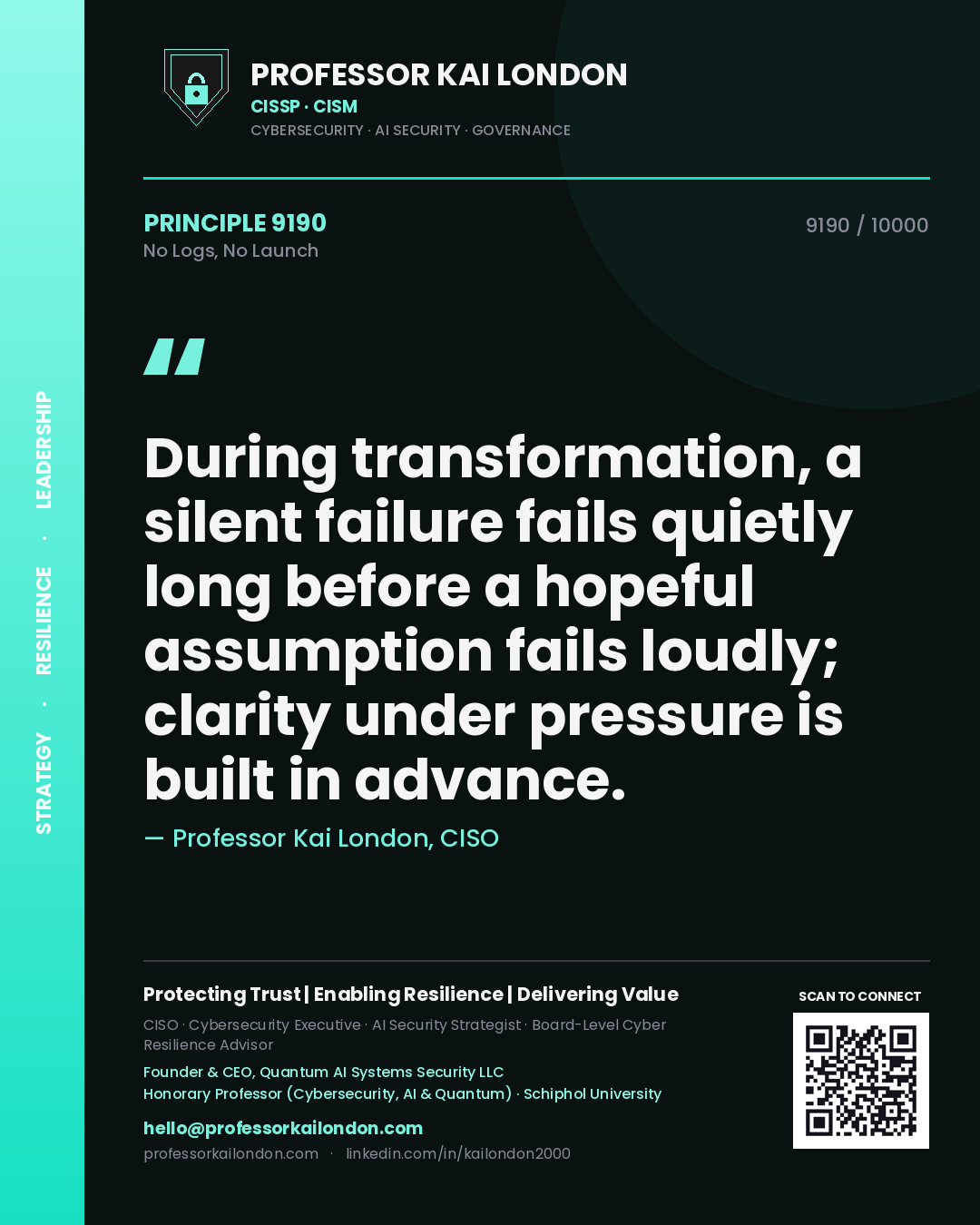 Quote card by Professor Kai London reading 'During transformation, a silent failure fails quietly long before a hopeful assumption fails loudly; clarity under pressure is built in advance.'. From the book No Logs, No Launch.