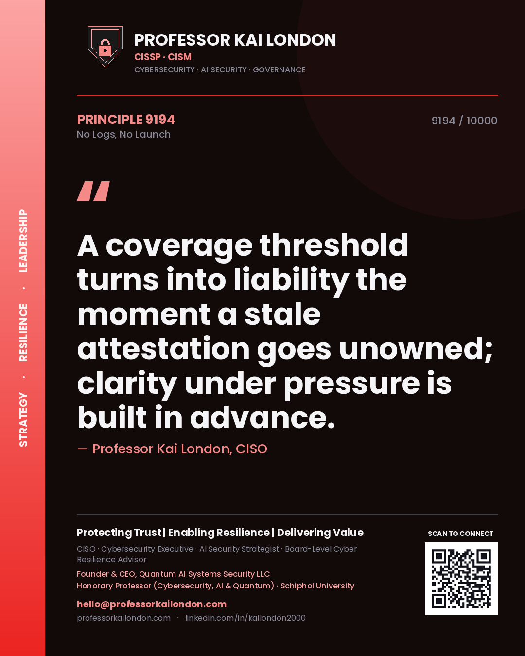 Professor Kai London principle 9194: A coverage threshold turns into liability the moment a stale attestation goes unowned; clarity under pressure is built in advance.