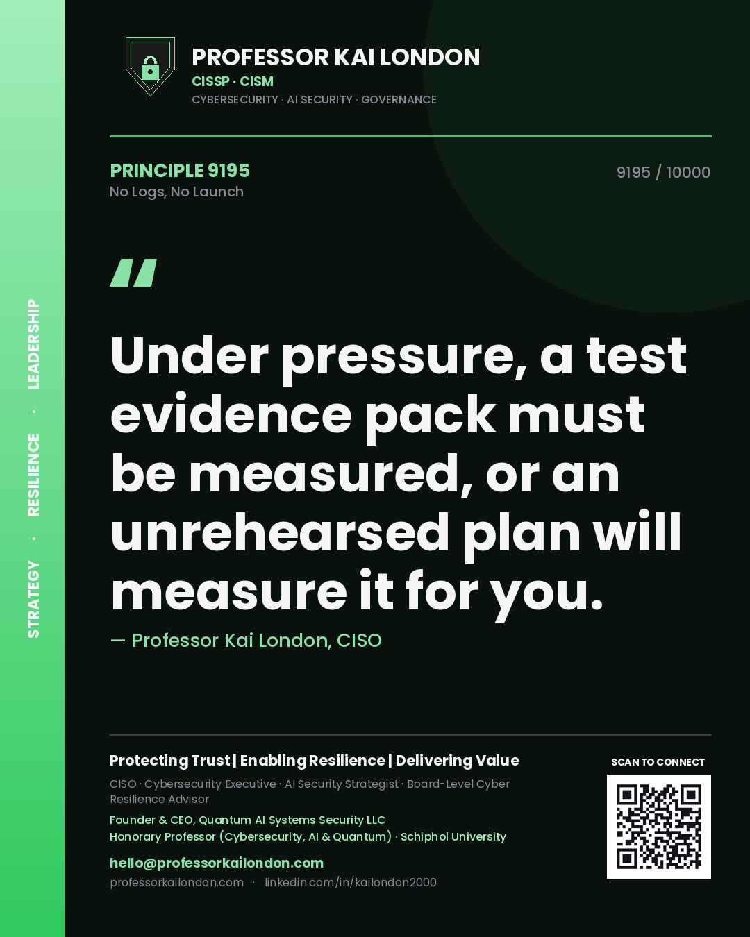 Professor Kai London principle 9195: Under pressure, a test evidence pack must be measured, or an unrehearsed plan will measure it for you.