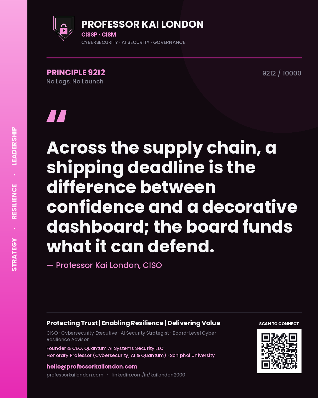 Quote card by Professor Kai London reading 'Across the supply chain, a shipping deadline is the difference between confidence and a decorative dashboard; the board funds what it can defend.'. From the book No Logs, No Launch.