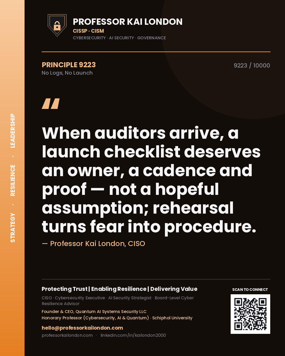 Professor Kai London principle 9223: When auditors arrive, a launch checklist deserves an owner, a cadence and proof — not a hopeful assumption; rehearsal turns fear into procedure.