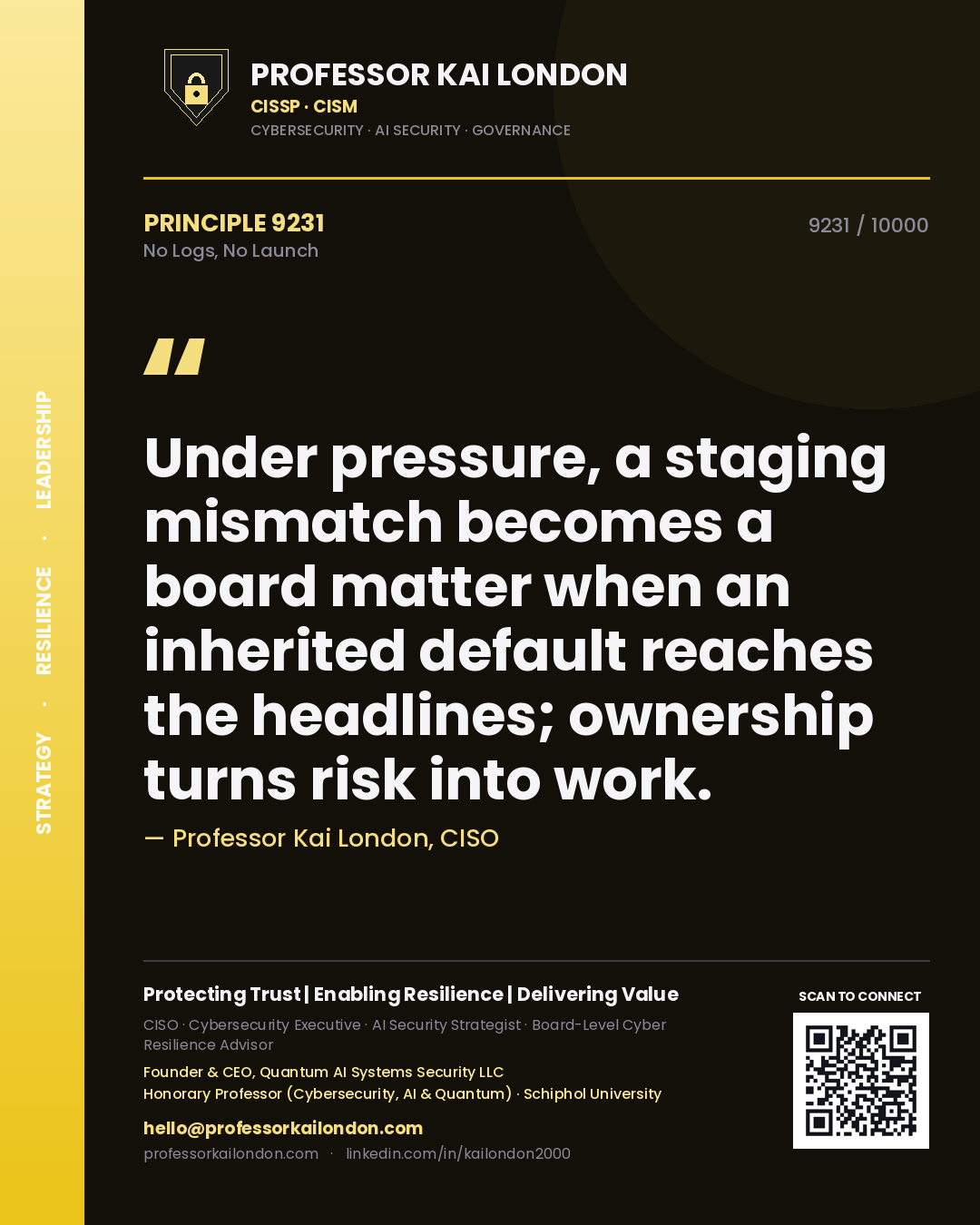 Professor Kai London principle 9231: Under pressure, a staging mismatch becomes a board matter when an inherited default reaches the headlines; ownership turns risk into work.