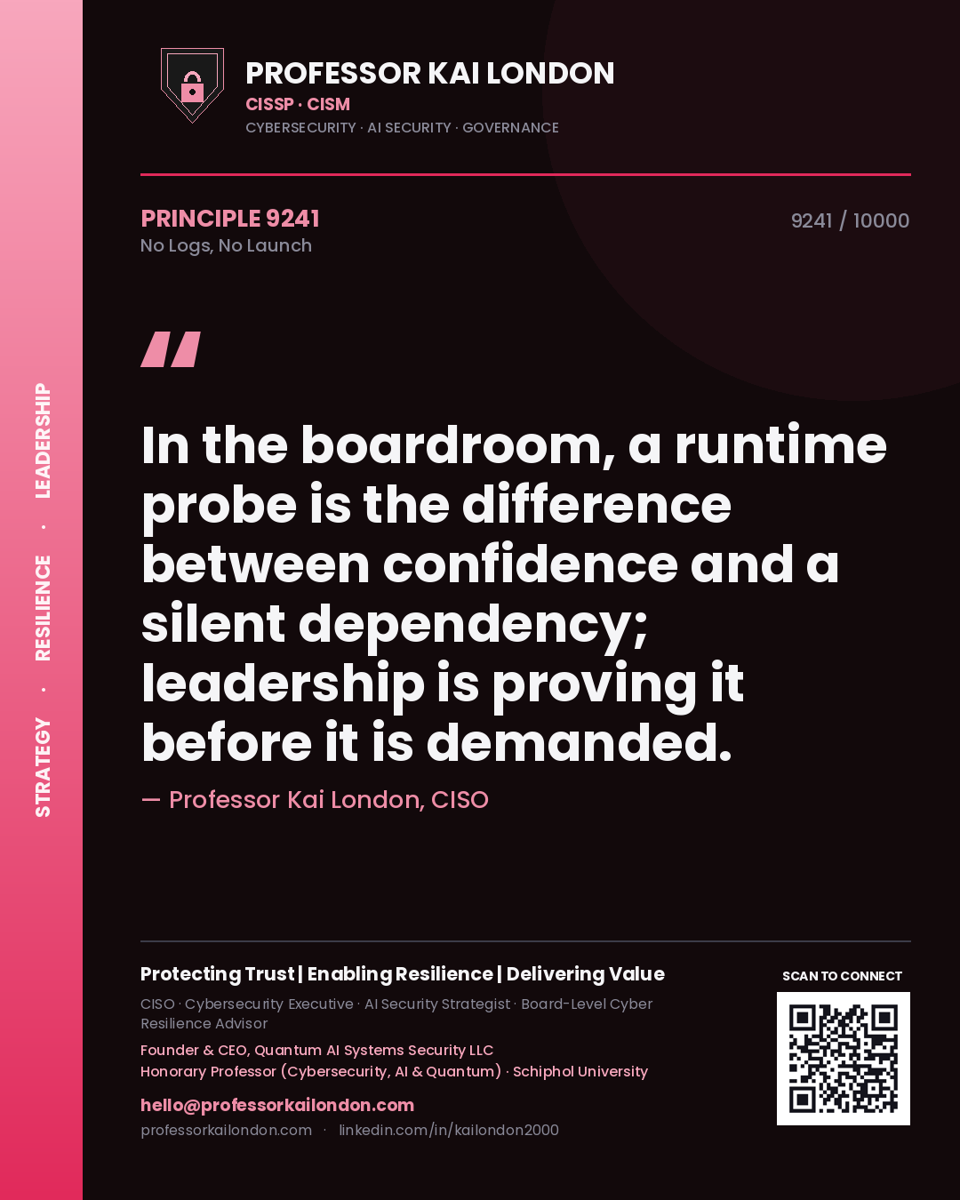Professor Kai London principle 9241: In the boardroom, a runtime probe is the difference between confidence and a silent dependency; leadership is proving it before it is demanded.