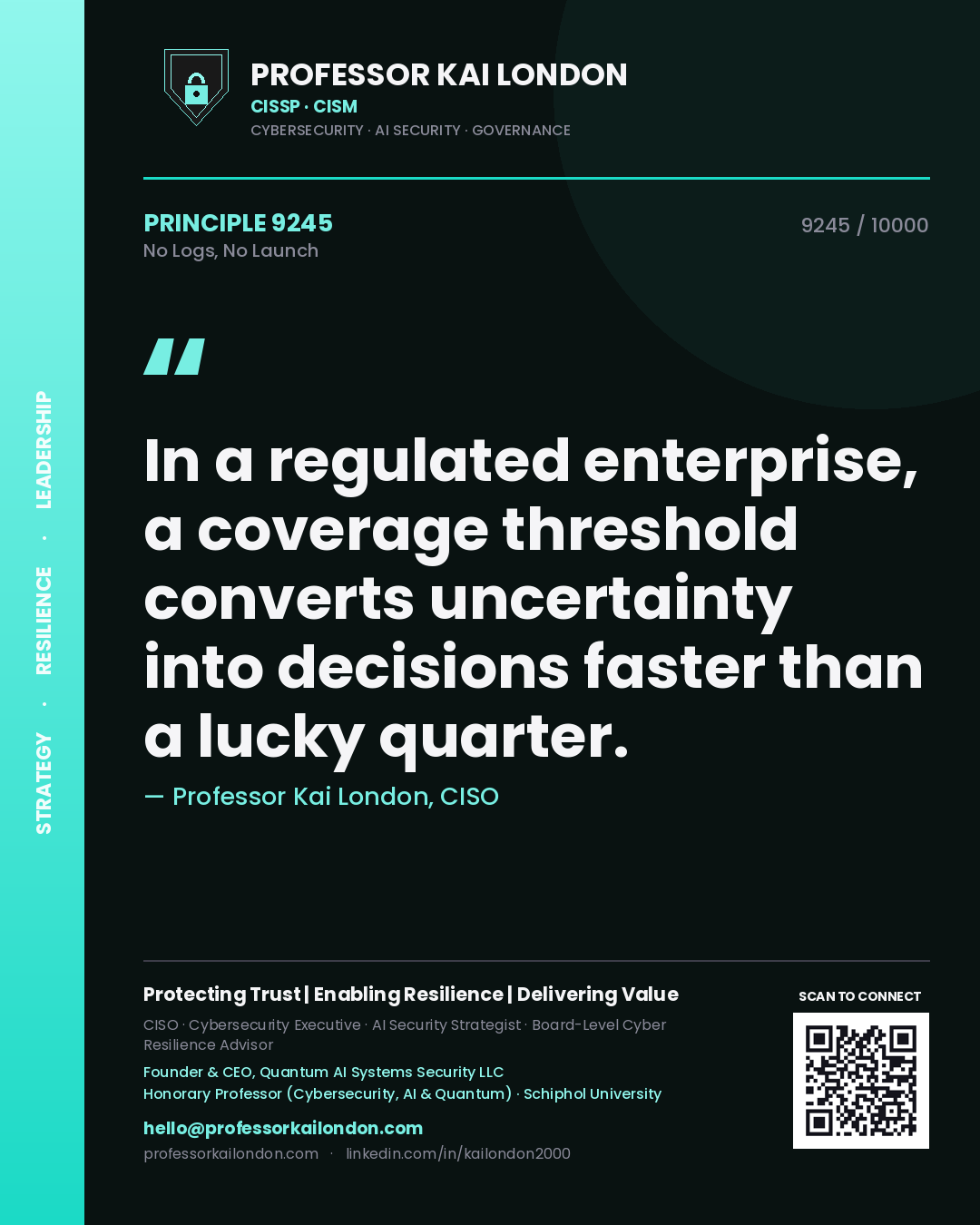 Professor Kai London principle 9245: In a regulated enterprise, a coverage threshold converts uncertainty into decisions faster than a lucky quarter.