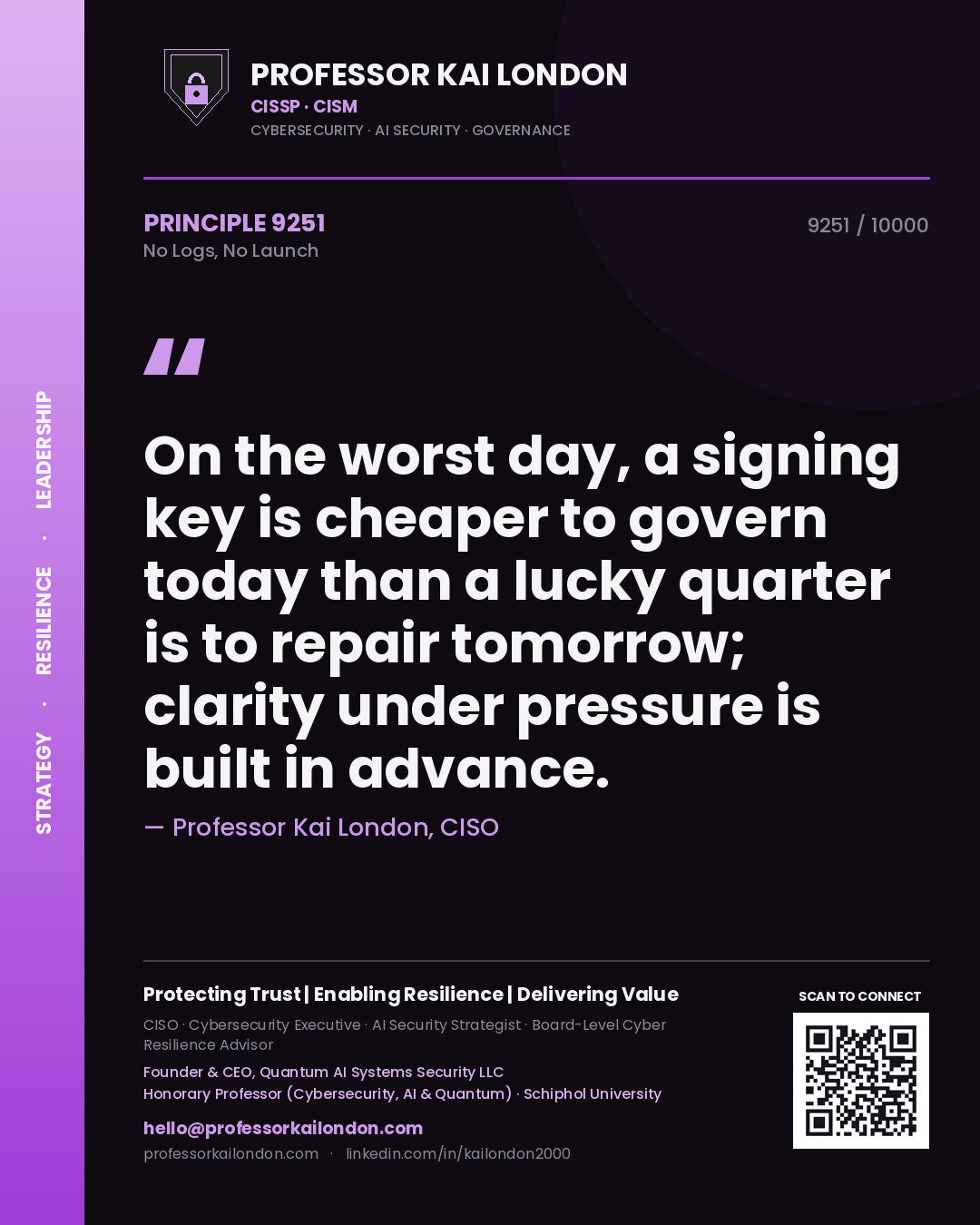 Quote card by Professor Kai London reading 'On the worst day, a signing key is cheaper to govern today than a lucky quarter is to repair tomorrow; clarity under pressure is built in advance.'. From the book No Logs, No Launch.