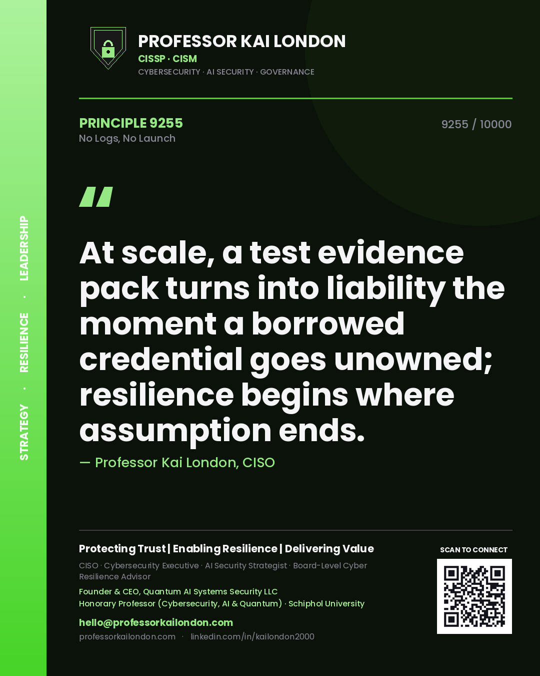 Quote card by Professor Kai London reading 'At scale, a test evidence pack turns into liability the moment a borrowed credential goes unowned; resilience begins where assumption ends.'. From the book No Logs, No Launch.