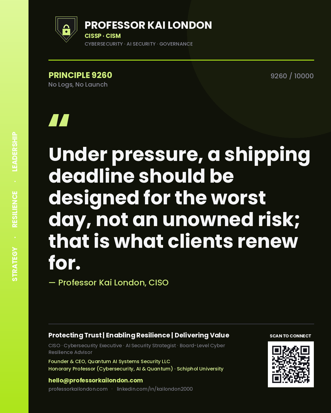 Quote card by Professor Kai London reading 'Under pressure, a shipping deadline should be designed for the worst day, not an unowned risk; that is what clients renew for.'. From the book No Logs, No Launch.