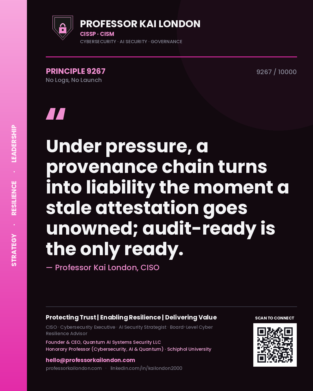 Quote card by Professor Kai London reading 'Under pressure, a provenance chain turns into liability the moment a stale attestation goes unowned; audit-ready is the only ready.'. From the book No Logs, No Launch.