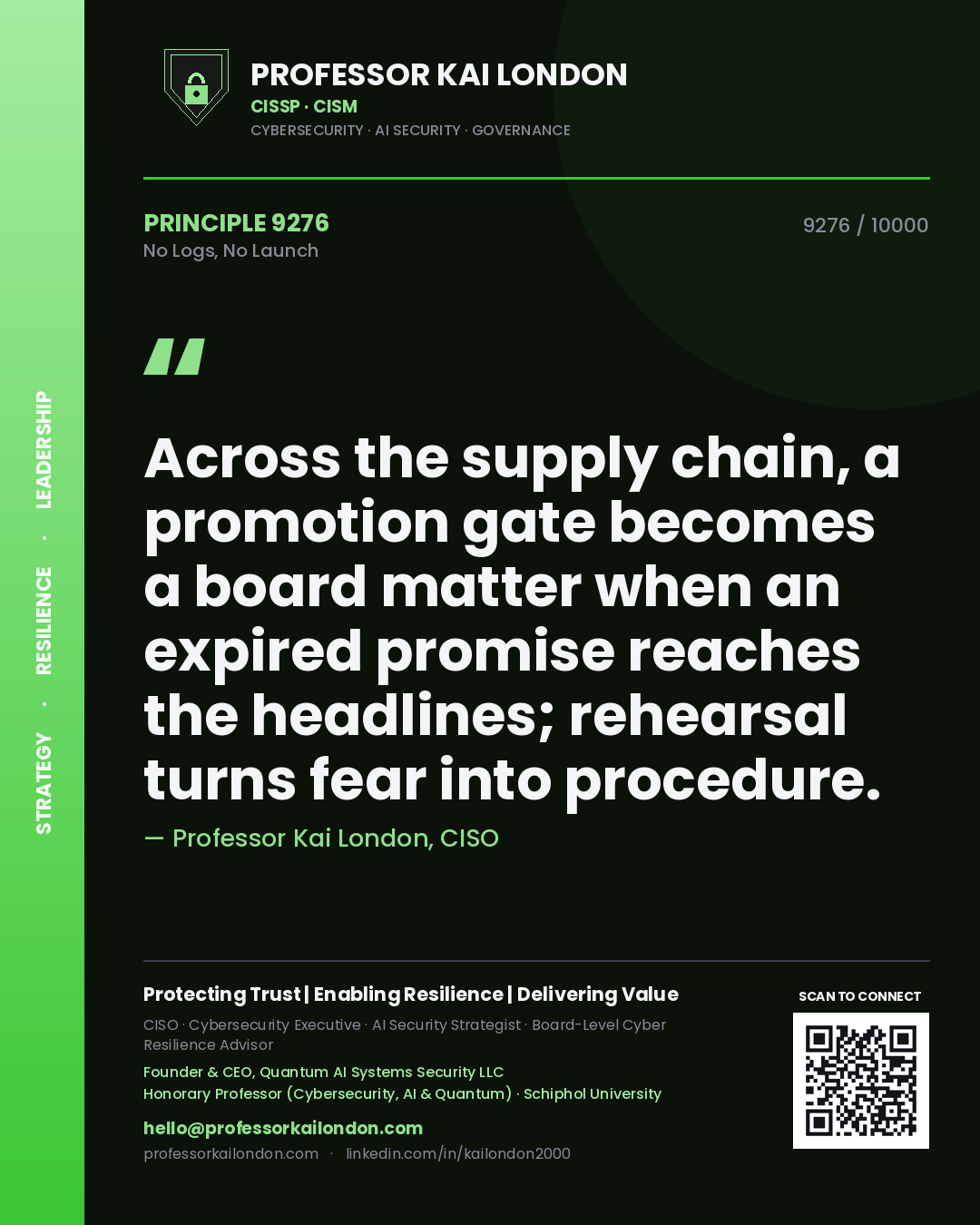 Professor Kai London principle 9276: Across the supply chain, a promotion gate becomes a board matter when an expired promise reaches the headlines; rehearsal turns fear into procedure.