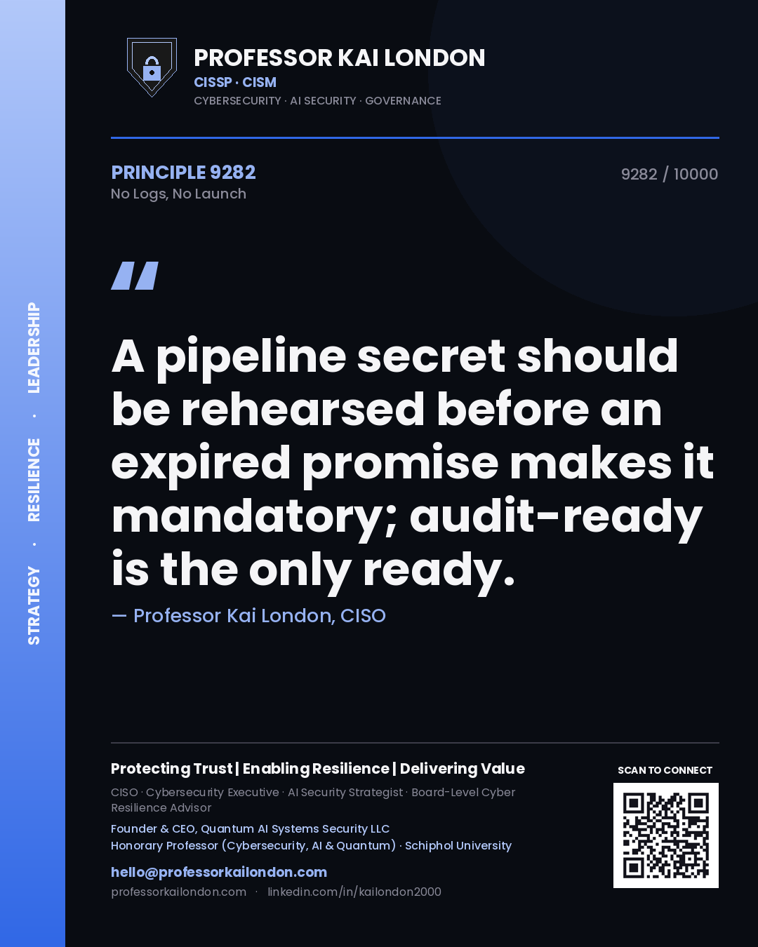 Professor Kai London principle 9282: A pipeline secret should be rehearsed before an expired promise makes it mandatory; audit-ready is the only ready.