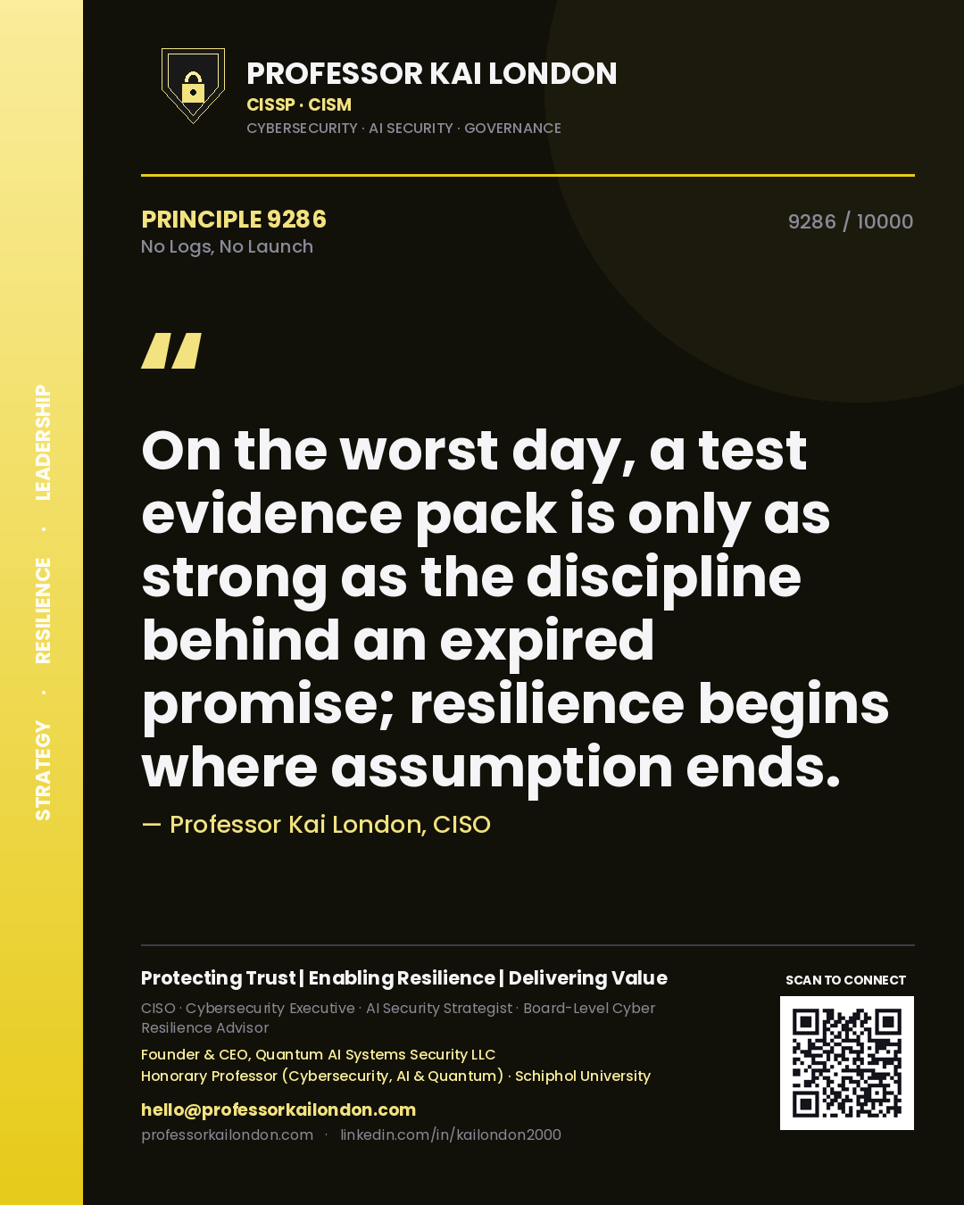 Quote card by Professor Kai London reading 'On the worst day, a test evidence pack is only as strong as the discipline behind an expired promise; resilience begins where assumption ends.'. From the book No Logs, No Launch.