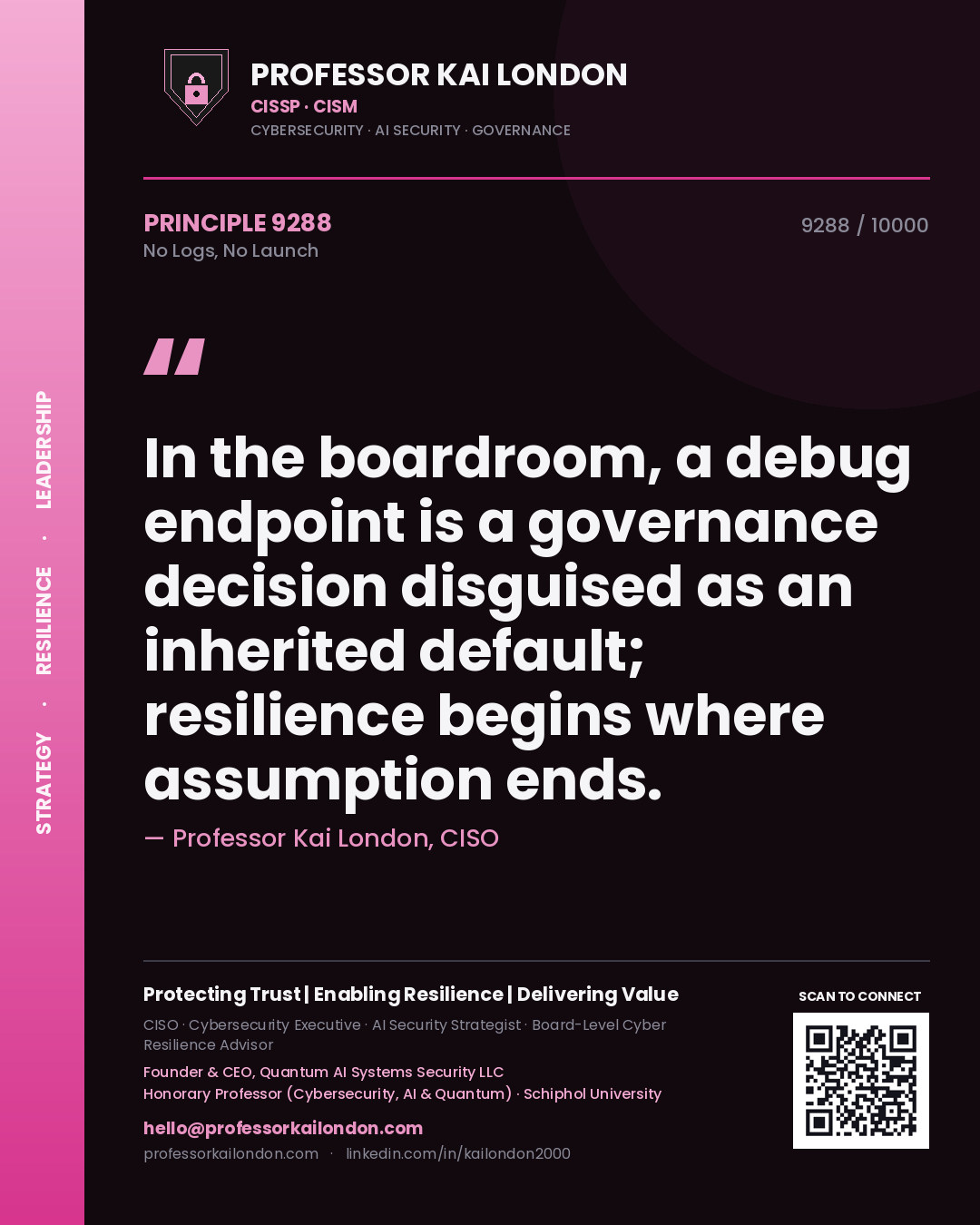 Professor Kai London principle 9288: In the boardroom, a debug endpoint is a governance decision disguised as an inherited default; resilience begins where assumption ends.