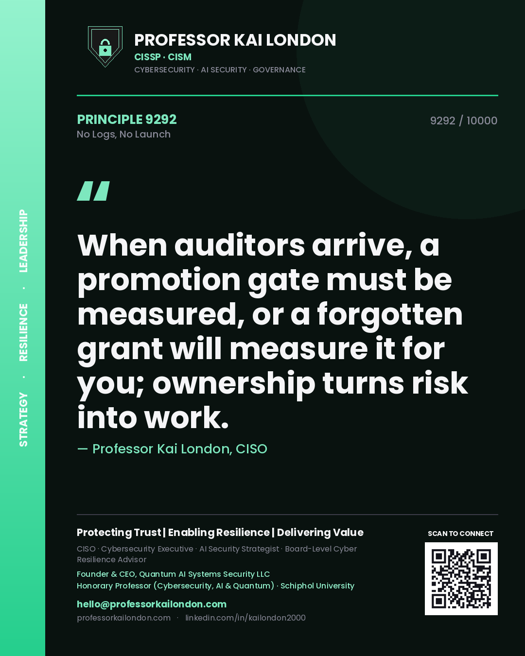 Quote card by Professor Kai London reading 'When auditors arrive, a promotion gate must be measured, or a forgotten grant will measure it for you; ownership turns risk into work.'. From the book No Logs, No Launch.