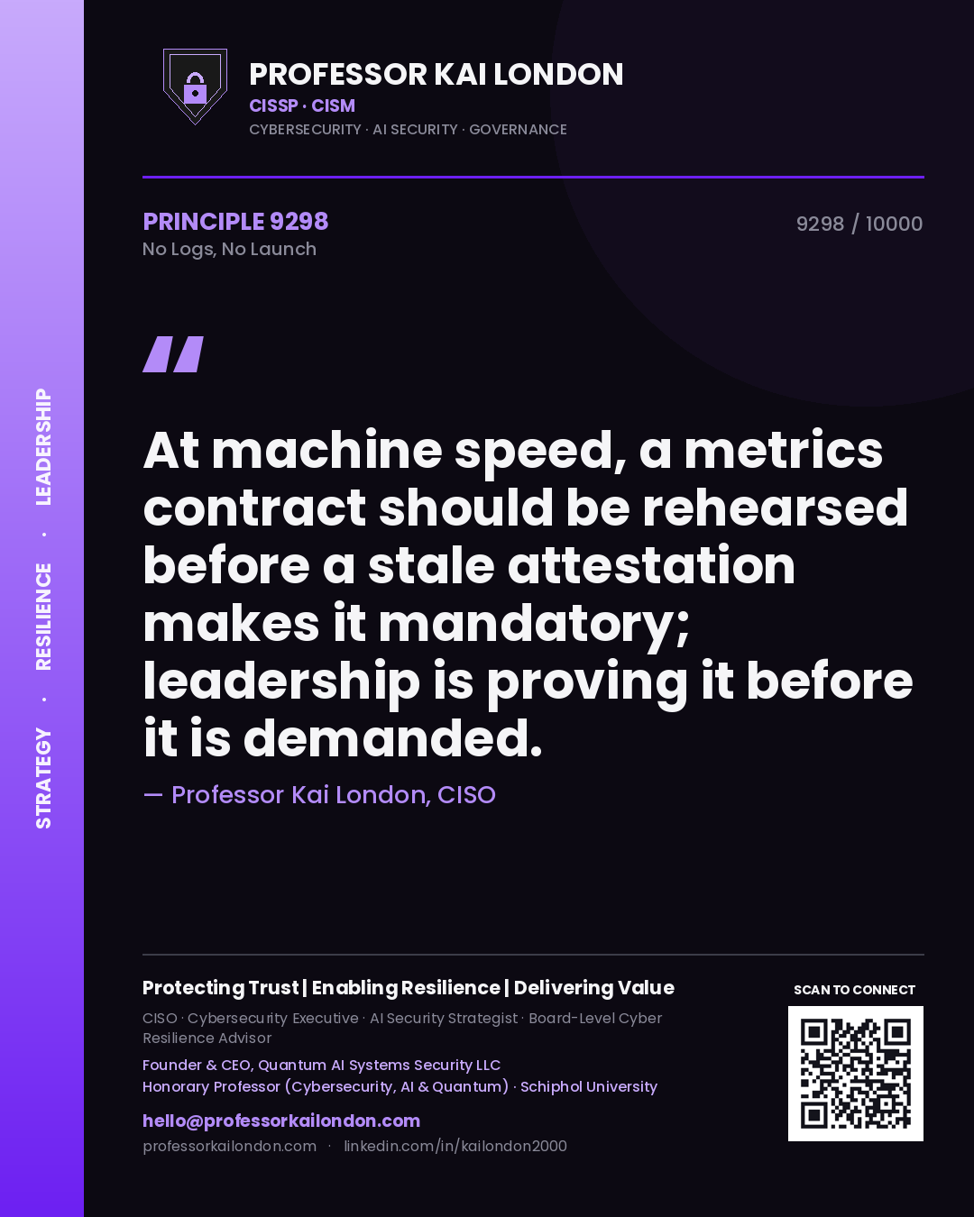 Quote card by Professor Kai London reading 'At machine speed, a metrics contract should be rehearsed before a stale attestation makes it mandatory; leadership is proving it before it is demanded.'. From the book No Logs, No Launch.