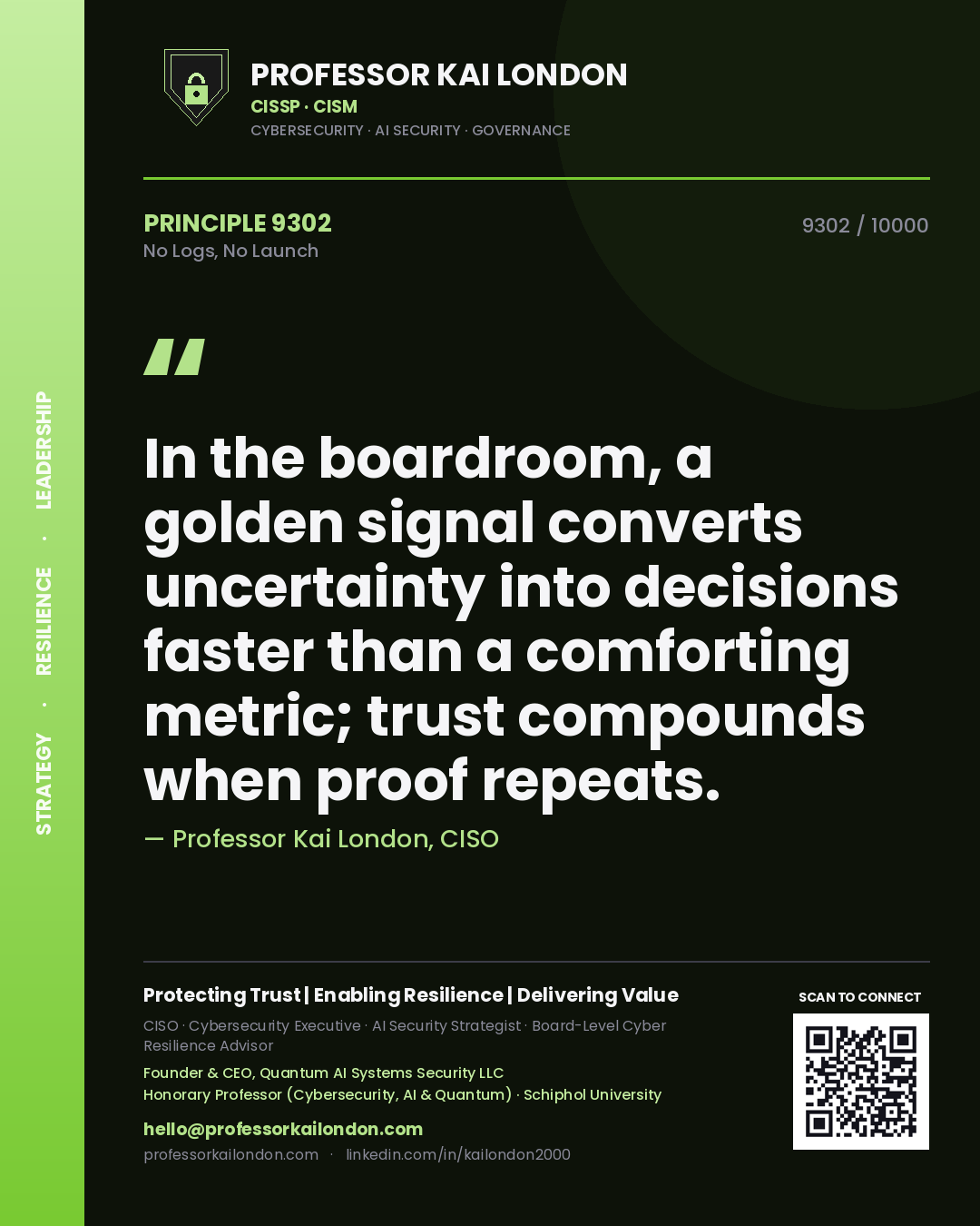 Professor Kai London principle 9302: In the boardroom, a golden signal converts uncertainty into decisions faster than a comforting metric; trust compounds when proof repeats.