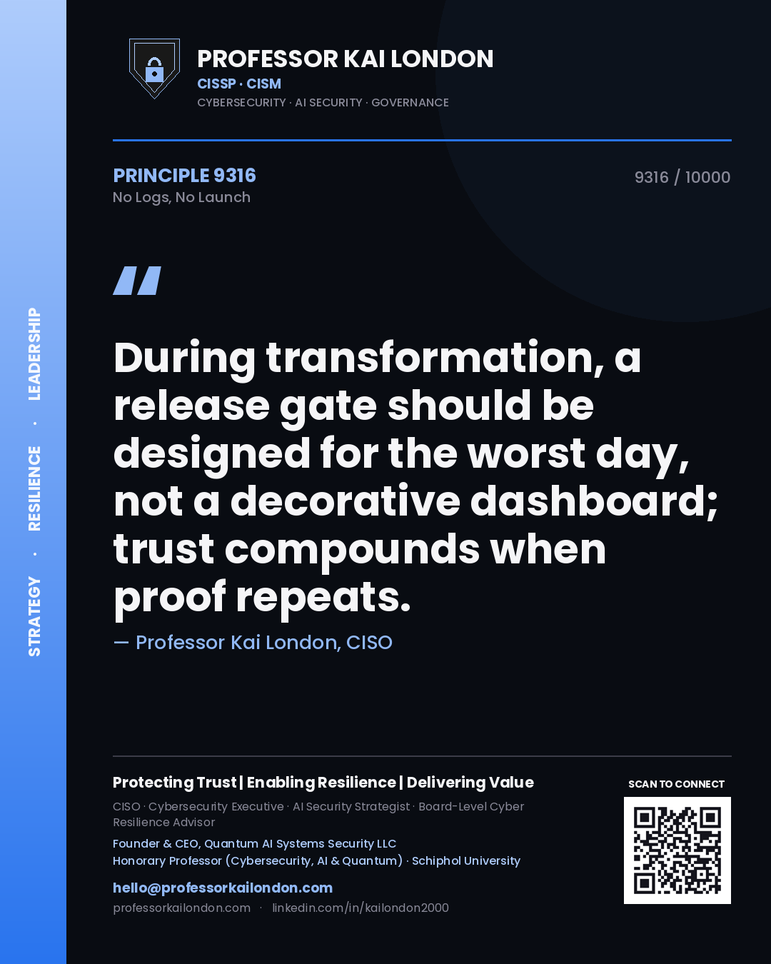Professor Kai London principle 9316: During transformation, a release gate should be designed for the worst day, not a decorative dashboard; trust compounds when proof repeats.