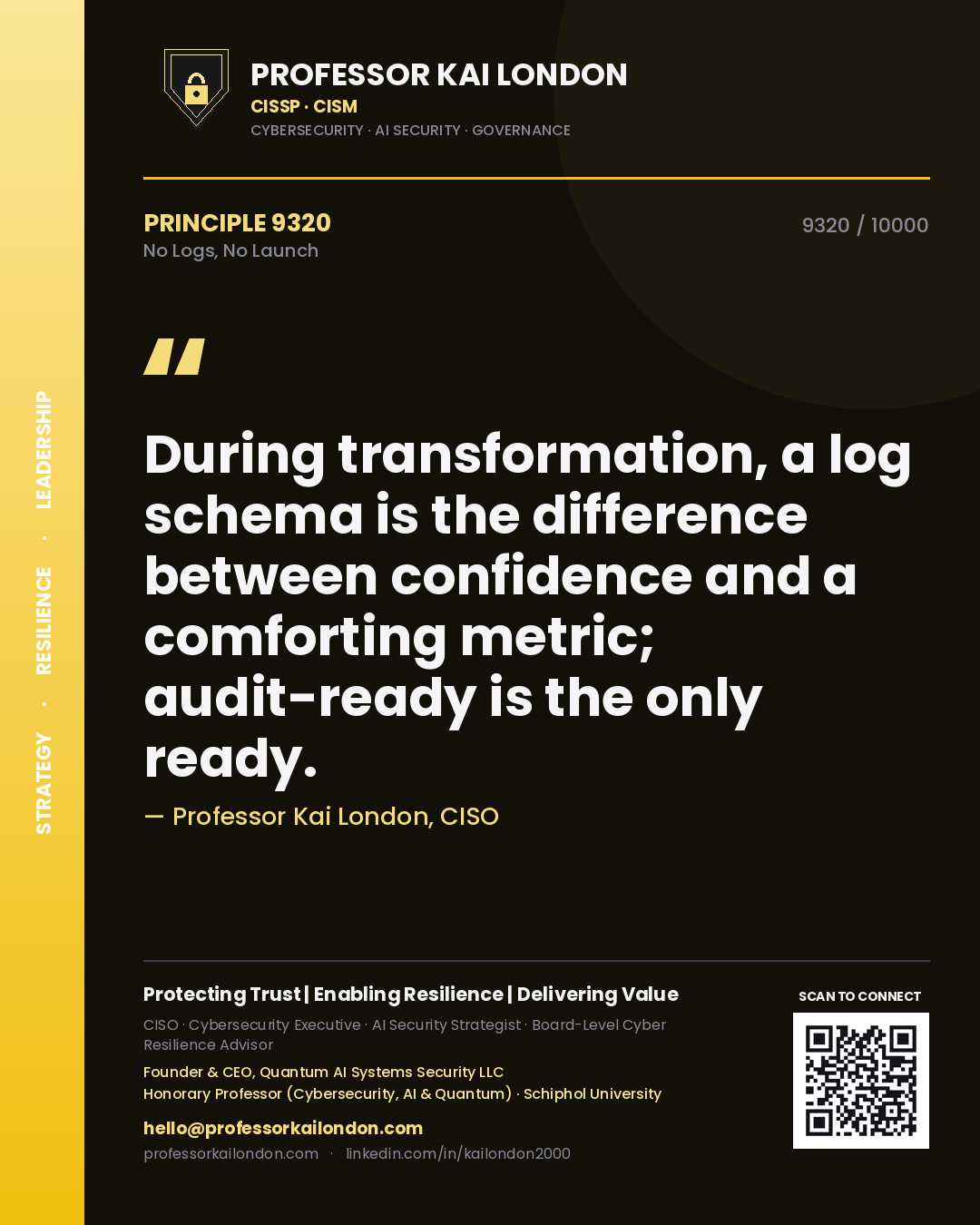 Professor Kai London principle 9320: During transformation, a log schema is the difference between confidence and a comforting metric; audit-ready is the only ready.