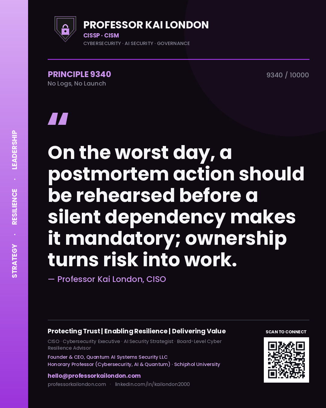 Professor Kai London principle 9340: On the worst day, a postmortem action should be rehearsed before a silent dependency makes it mandatory; ownership turns risk into work.