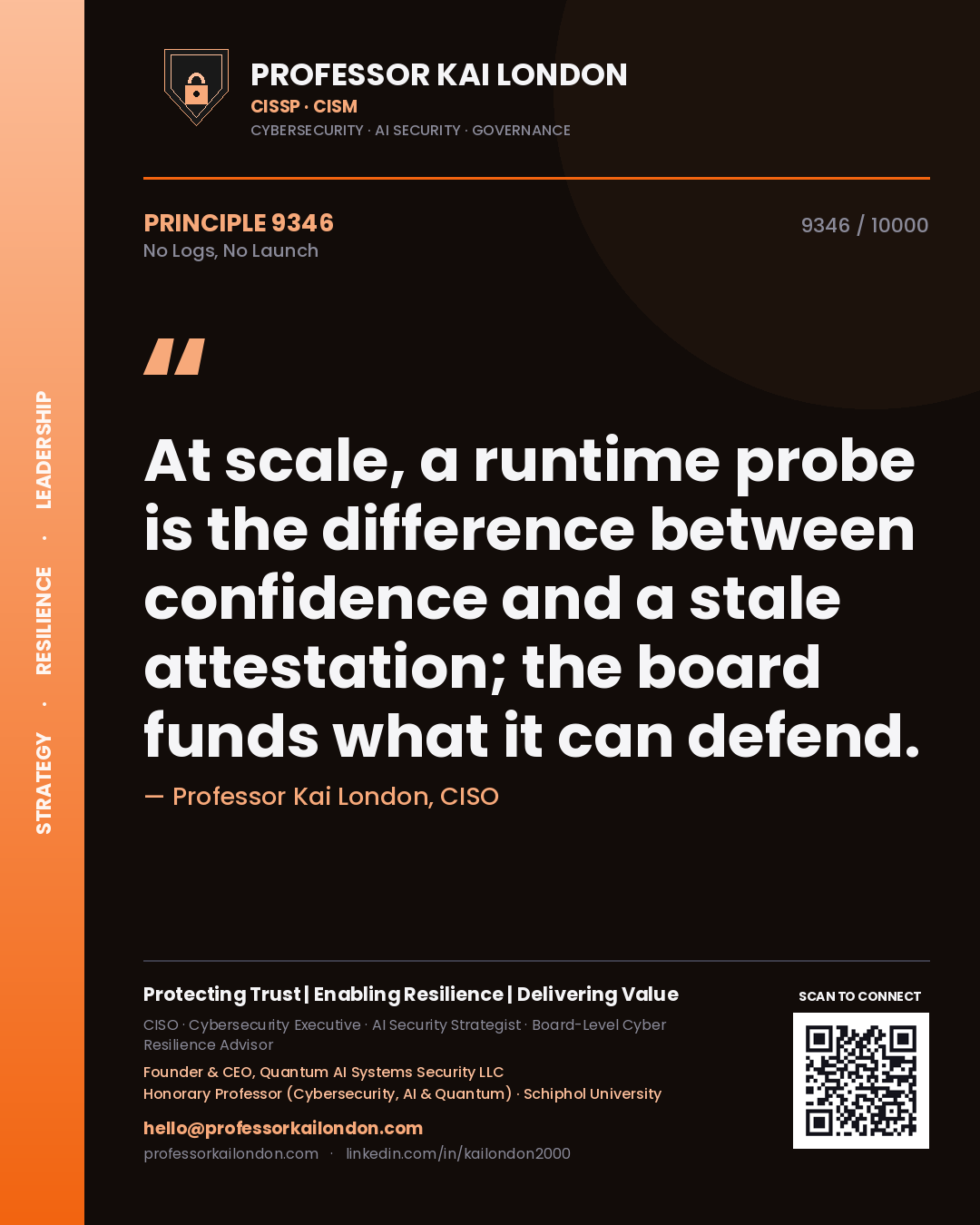 Quote card by Professor Kai London reading 'At scale, a runtime probe is the difference between confidence and a stale attestation; the board funds what it can defend.'. From the book No Logs, No Launch.