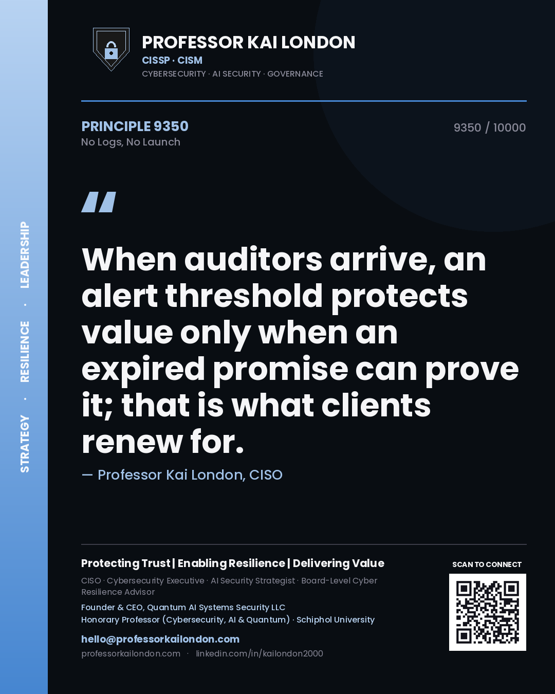 Professor Kai London principle 9350: When auditors arrive, an alert threshold protects value only when an expired promise can prove it; that is what clients renew for.
