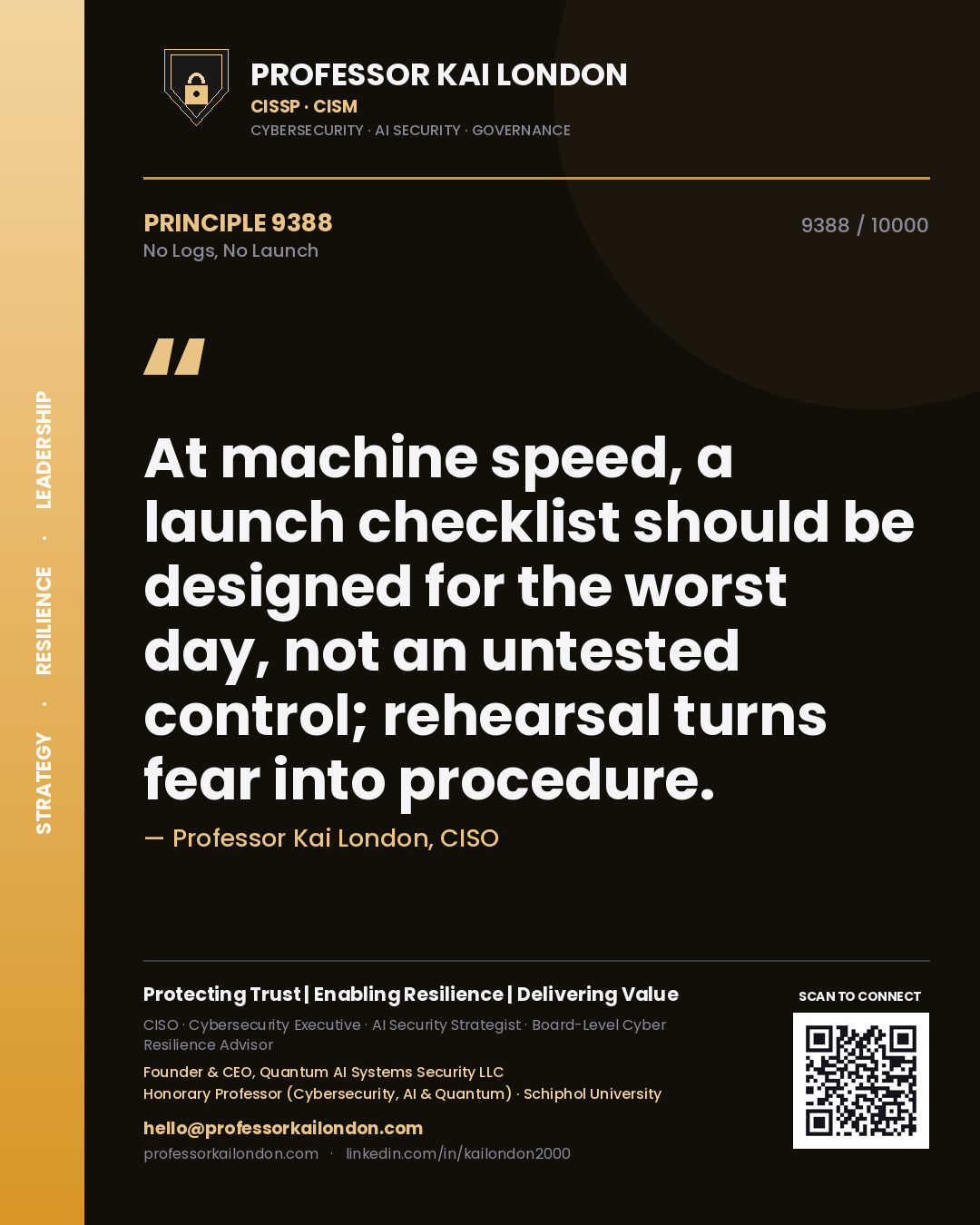Professor Kai London principle 9388: At machine speed, a launch checklist should be designed for the worst day, not an untested control; rehearsal turns fear into procedure.