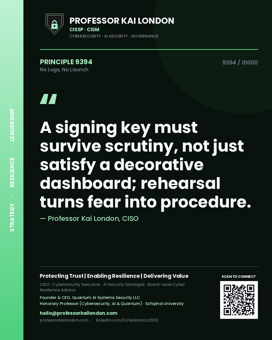 Professor Kai London principle 9394: A signing key must survive scrutiny, not just satisfy a decorative dashboard; rehearsal turns fear into procedure.