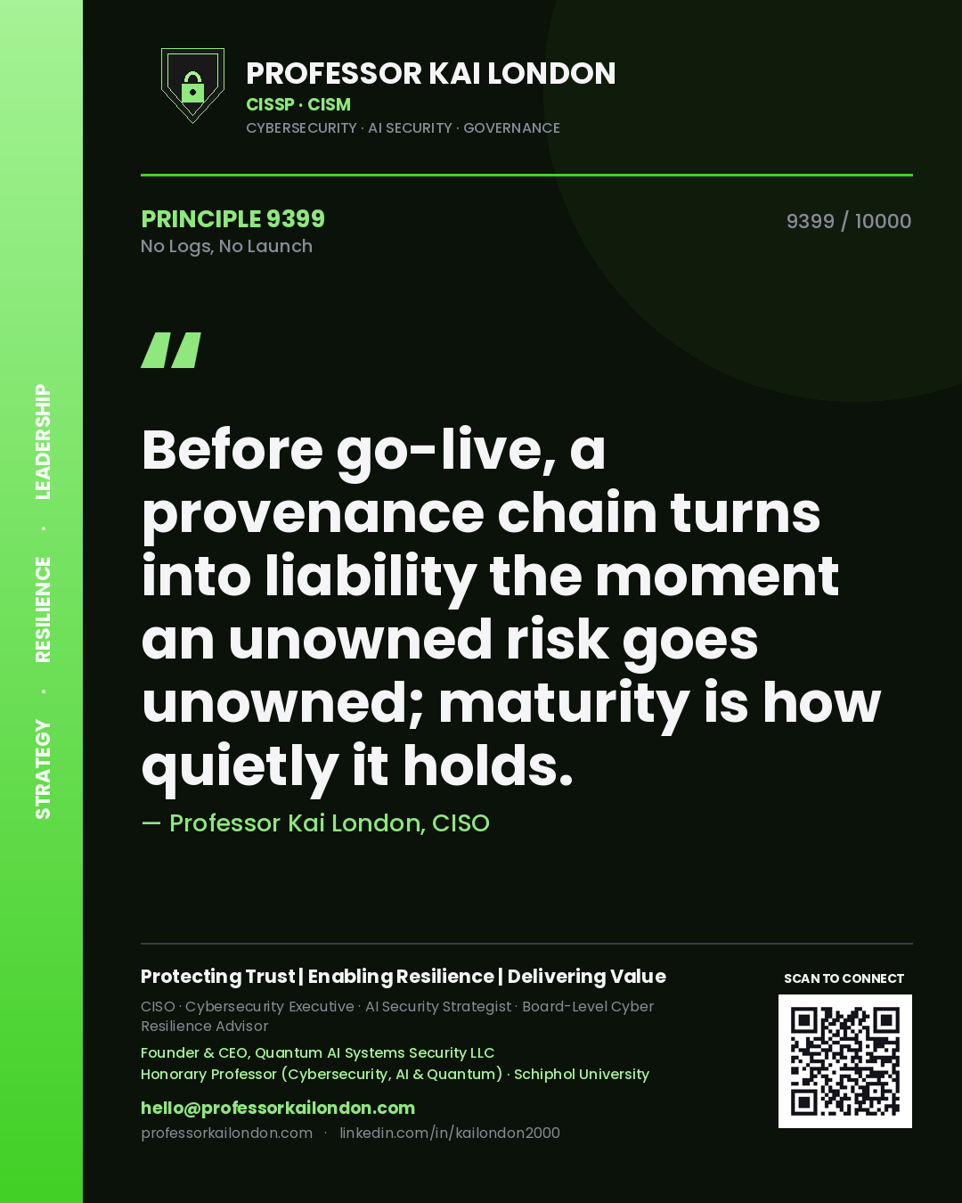 Quote card by Professor Kai London reading 'Before go-live, a provenance chain turns into liability the moment an unowned risk goes unowned; maturity is how quietly it holds.'. From the book No Logs, No Launch.
