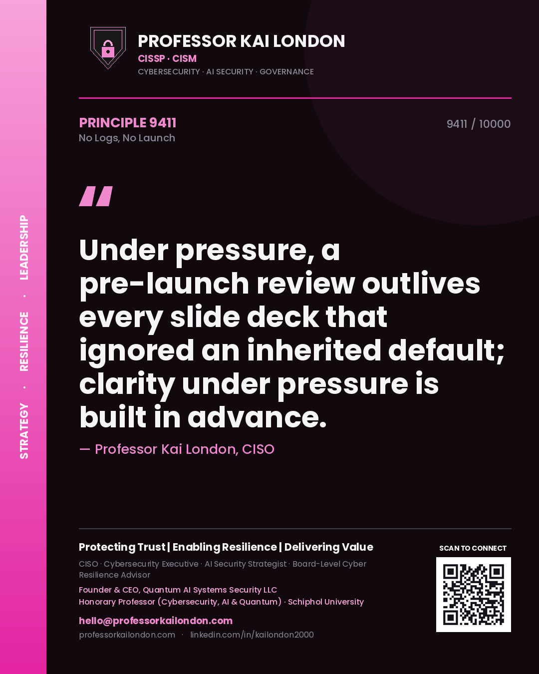 Professor Kai London principle 9411: Under pressure, a pre-launch review outlives every slide deck that ignored an inherited default; clarity under pressure is built in advance.