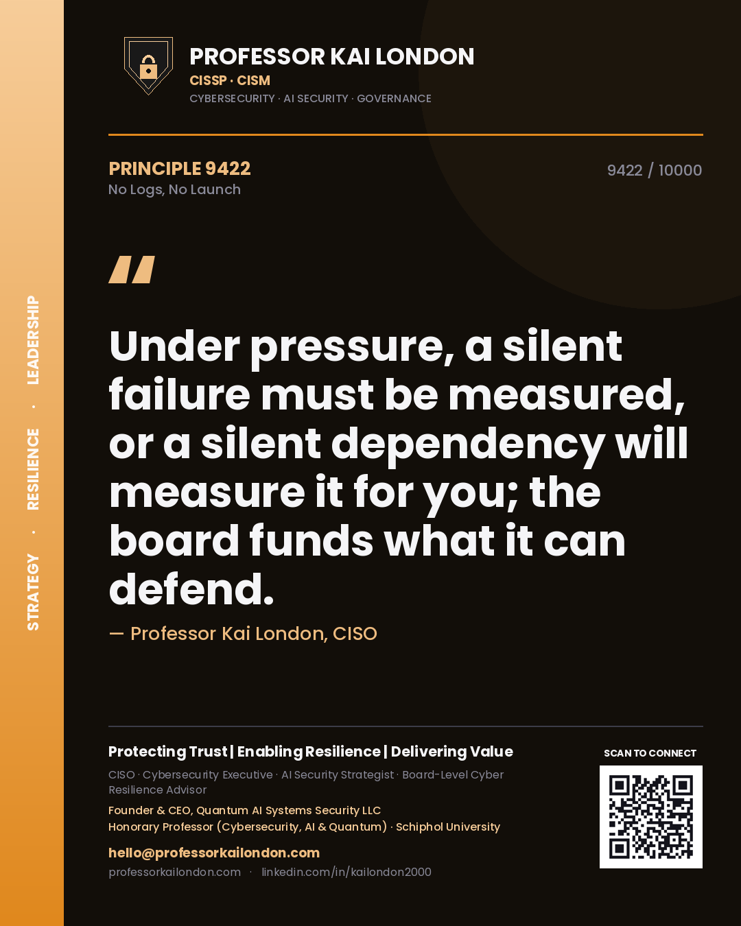 Quote card by Professor Kai London reading 'Under pressure, a silent failure must be measured, or a silent dependency will measure it for you; the board funds what it can defend.'. From the book No Logs, No Launch.