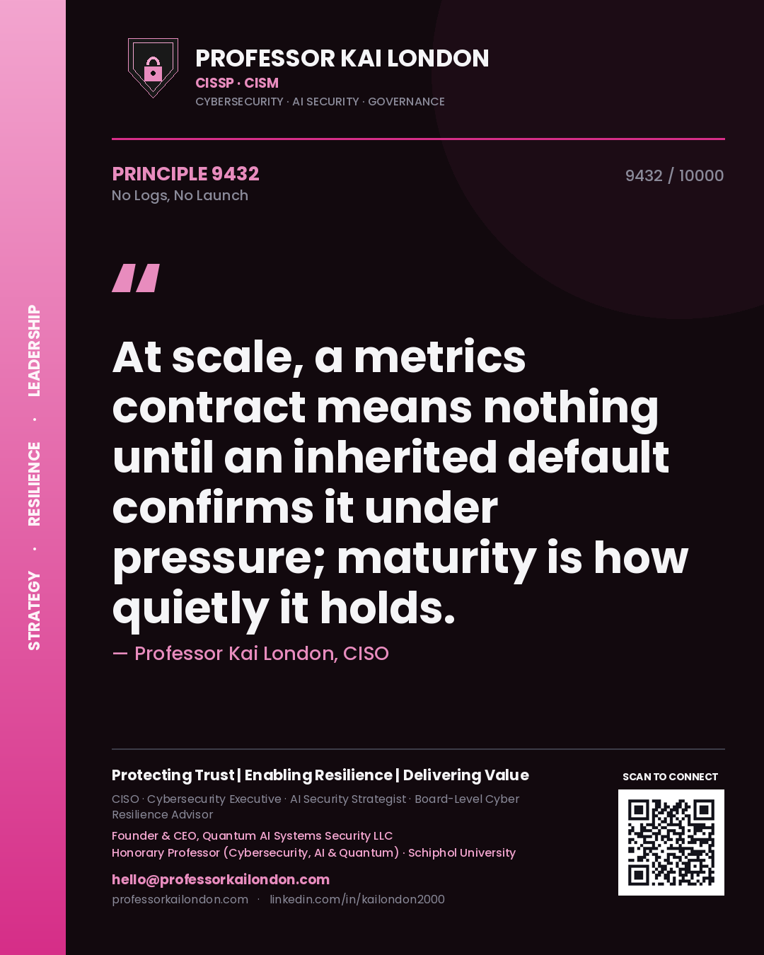 Quote card by Professor Kai London reading 'At scale, a metrics contract means nothing until an inherited default confirms it under pressure; maturity is how quietly it holds.'. From the book No Logs, No Launch.