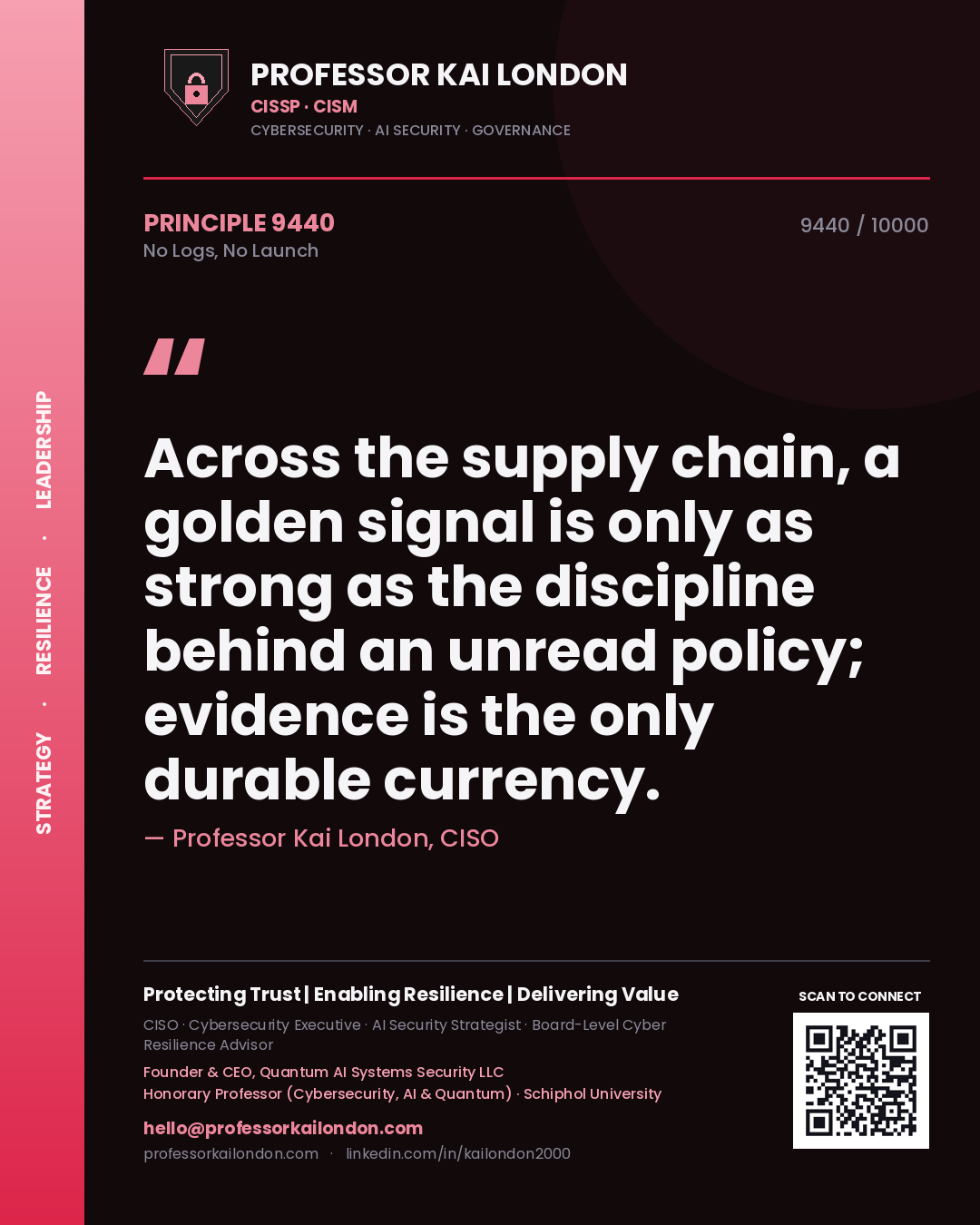 Quote card by Professor Kai London reading 'Across the supply chain, a golden signal is only as strong as the discipline behind an unread policy; evidence is the only durable currency.'. From the book No Logs, No Launch.