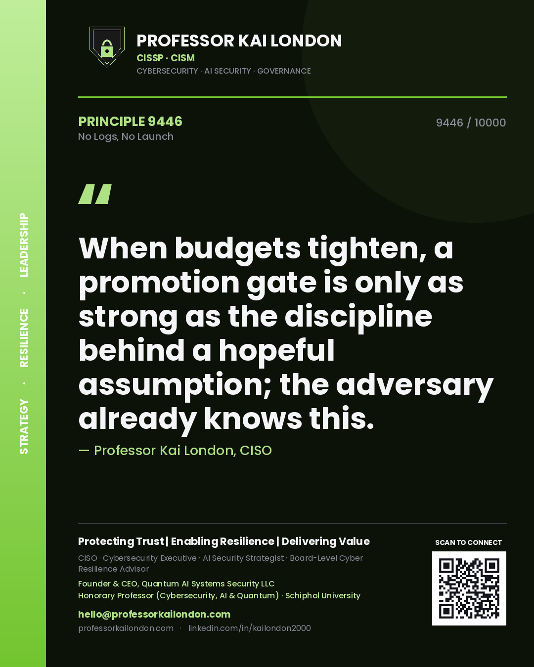 Professor Kai London principle 9446: When budgets tighten, a promotion gate is only as strong as the discipline behind a hopeful assumption; the adversary already knows this.