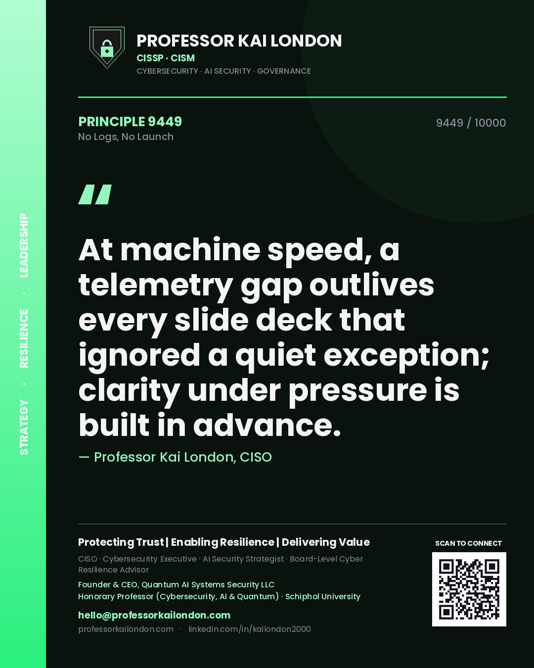 Professor Kai London principle 9449: At machine speed, a telemetry gap outlives every slide deck that ignored a quiet exception; clarity under pressure is built in advance.