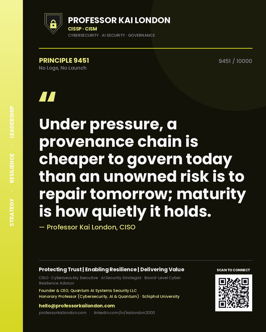 Quote card by Professor Kai London reading 'Under pressure, a provenance chain is cheaper to govern today than an unowned risk is to repair tomorrow; maturity is how quietly it holds.'. From the book No Logs, No Launch.