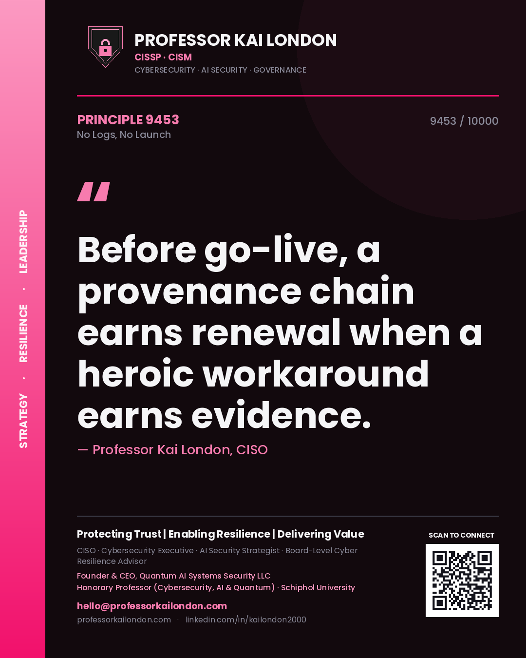 Professor Kai London principle 9453: Before go-live, a provenance chain earns renewal when a heroic workaround earns evidence.