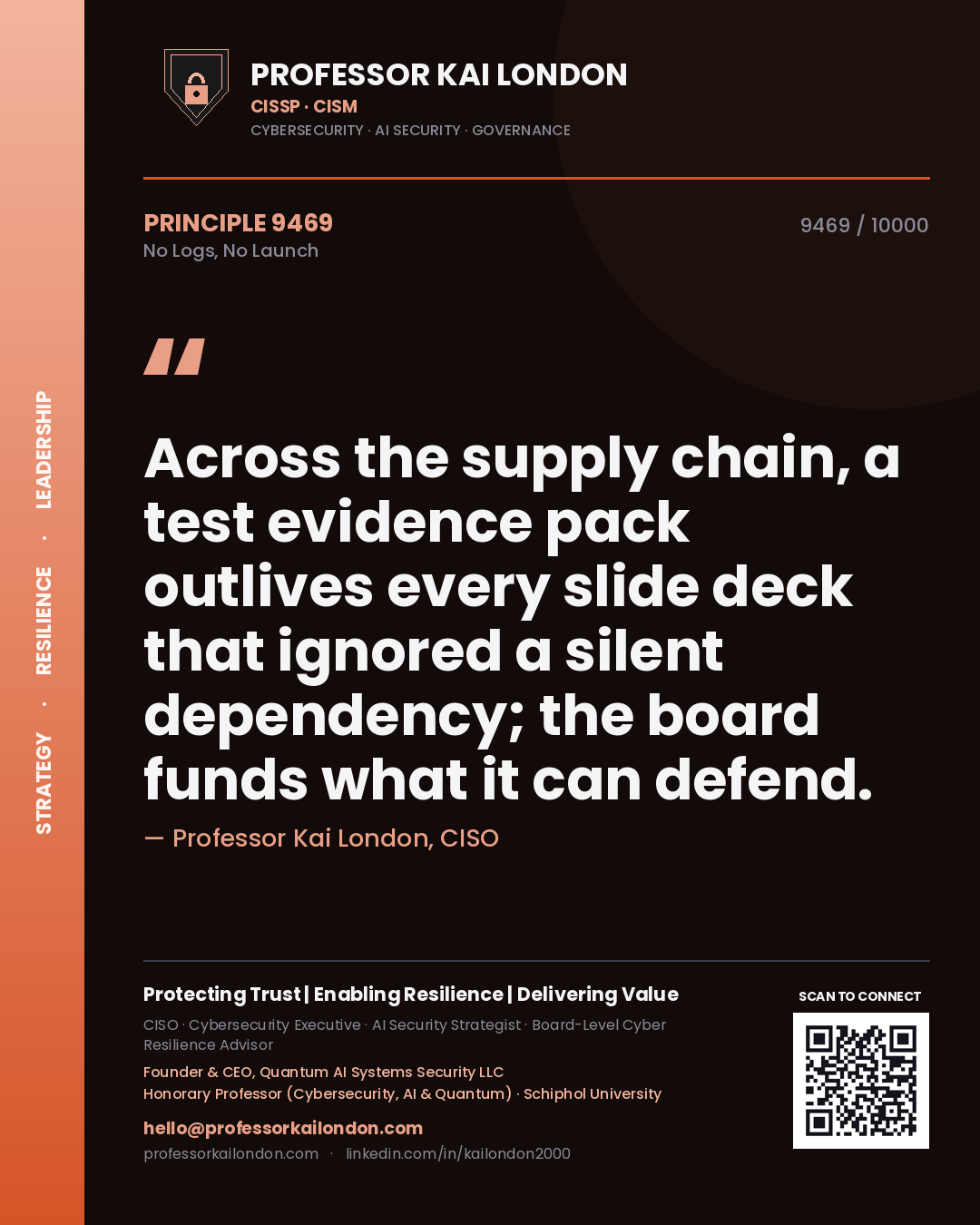 Quote card by Professor Kai London reading 'Across the supply chain, a test evidence pack outlives every slide deck that ignored a silent dependency; the board funds what it can defend.'. From the book No Logs, No Launch.