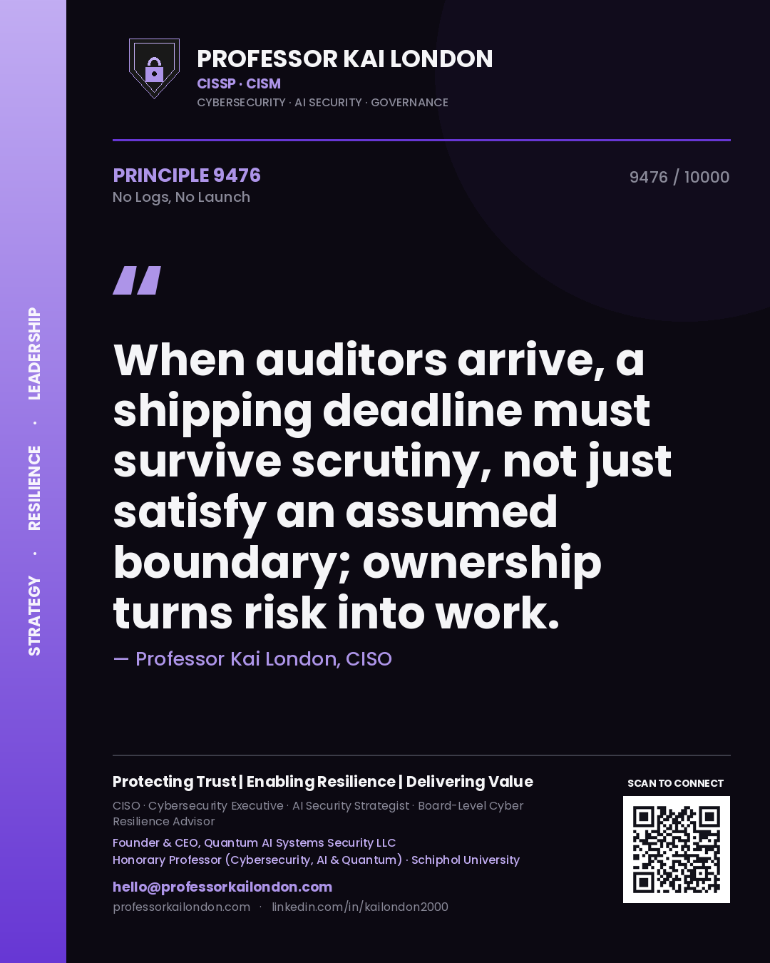 Professor Kai London principle 9476: When auditors arrive, a shipping deadline must survive scrutiny, not just satisfy an assumed boundary; ownership turns risk into work.