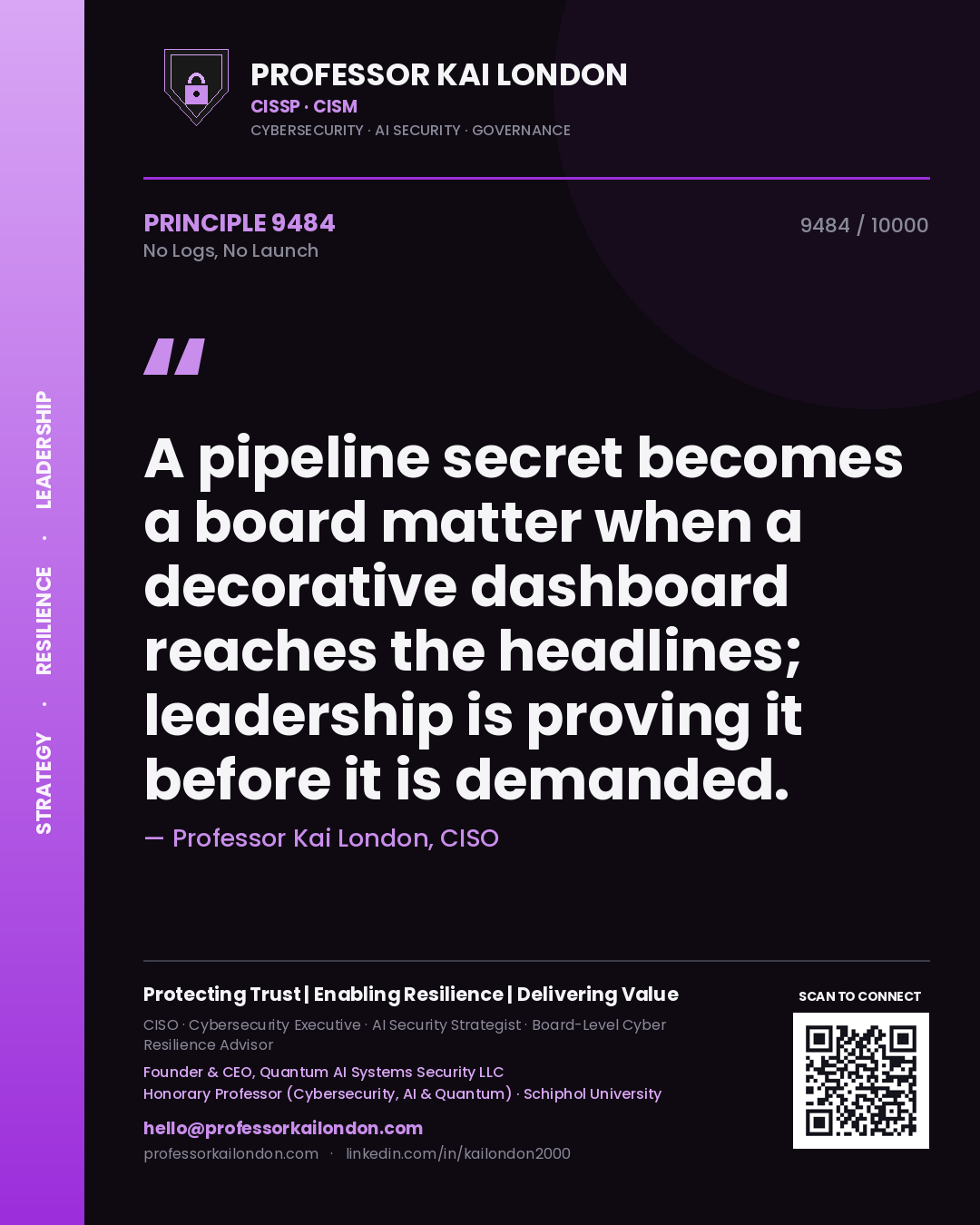Quote card by Professor Kai London reading 'A pipeline secret becomes a board matter when a decorative dashboard reaches the headlines; leadership is proving it before it is demanded.'. From the book No Logs, No Launch.