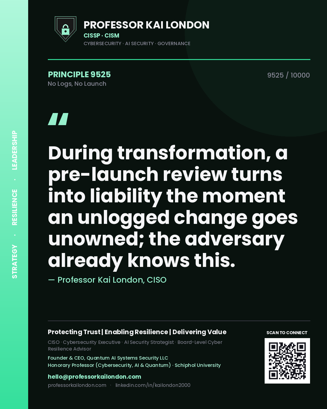 Professor Kai London principle 9525: During transformation, a pre-launch review turns into liability the moment an unlogged change goes unowned; the adversary already knows this.