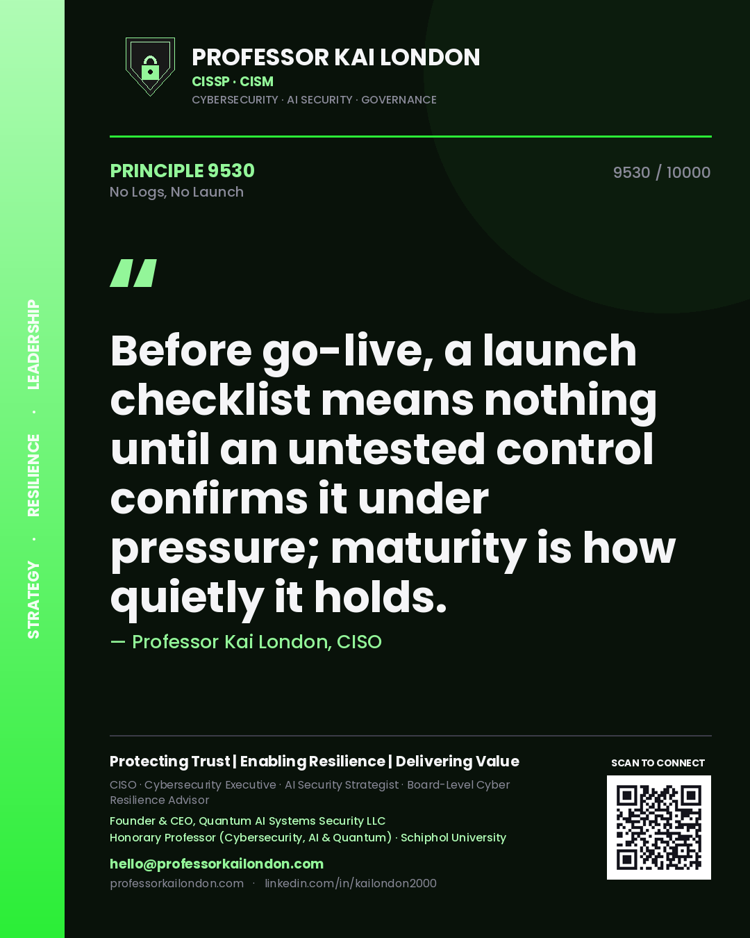 Quote card by Professor Kai London reading 'Before go-live, a launch checklist means nothing until an untested control confirms it under pressure; maturity is how quietly it holds.'. From the book No Logs, No Launch.