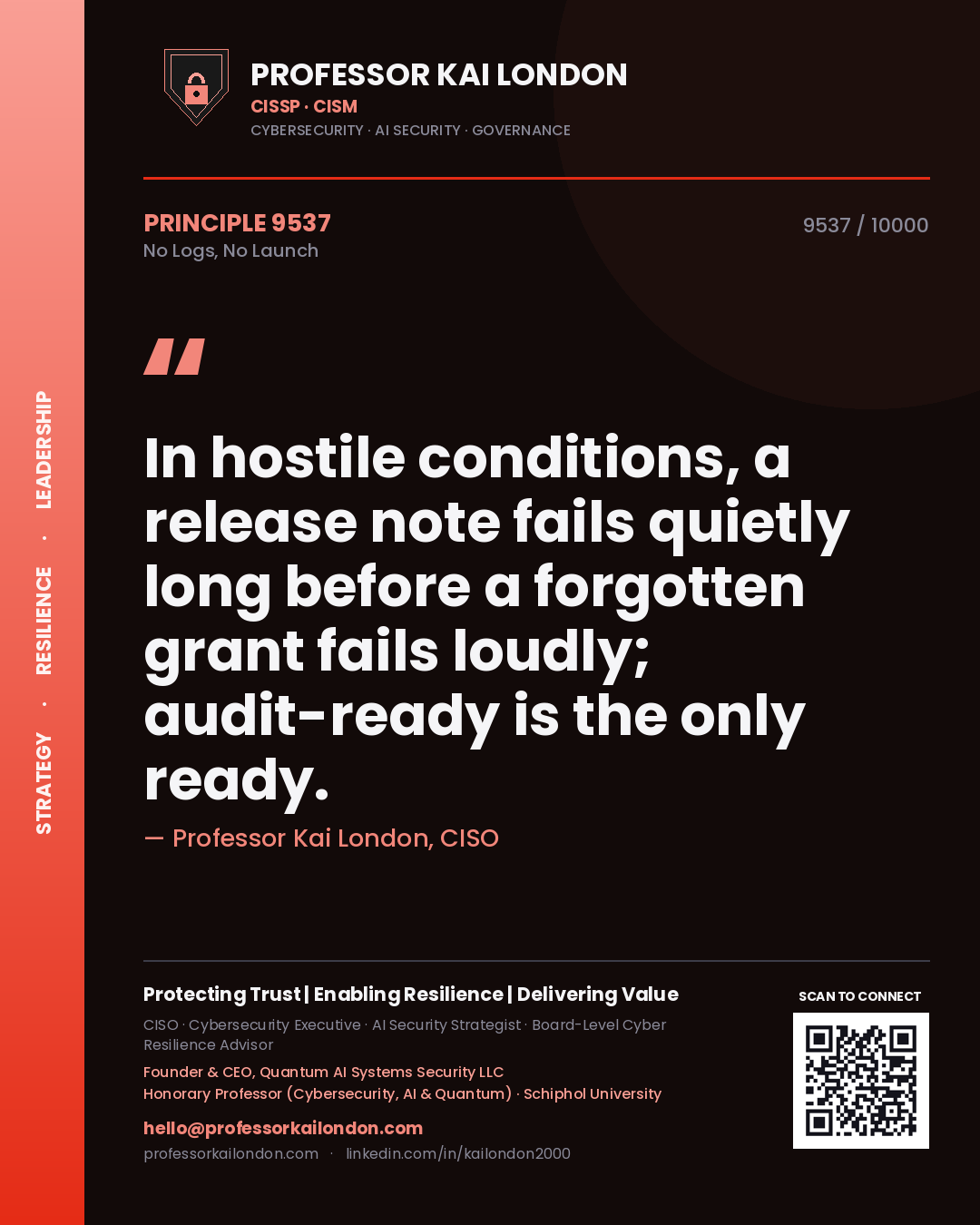 Professor Kai London principle 9537: In hostile conditions, a release note fails quietly long before a forgotten grant fails loudly; audit-ready is the only ready.