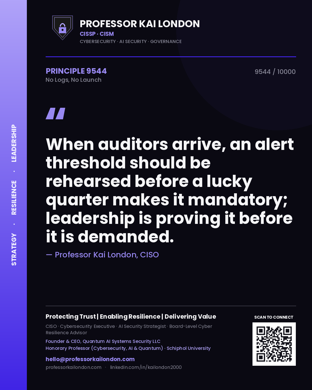 Quote card by Professor Kai London reading 'When auditors arrive, an alert threshold should be rehearsed before a lucky quarter makes it mandatory; leadership is proving it before it is demanded.'. From the book No Logs, No Launch.