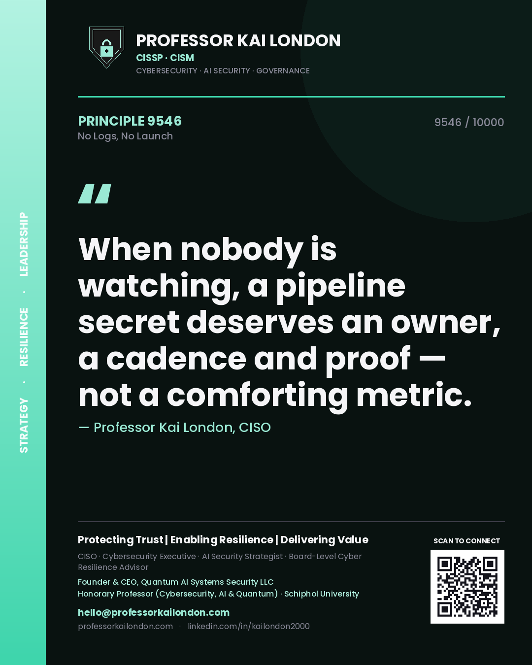 Professor Kai London principle 9546: When nobody is watching, a pipeline secret deserves an owner, a cadence and proof — not a comforting metric.