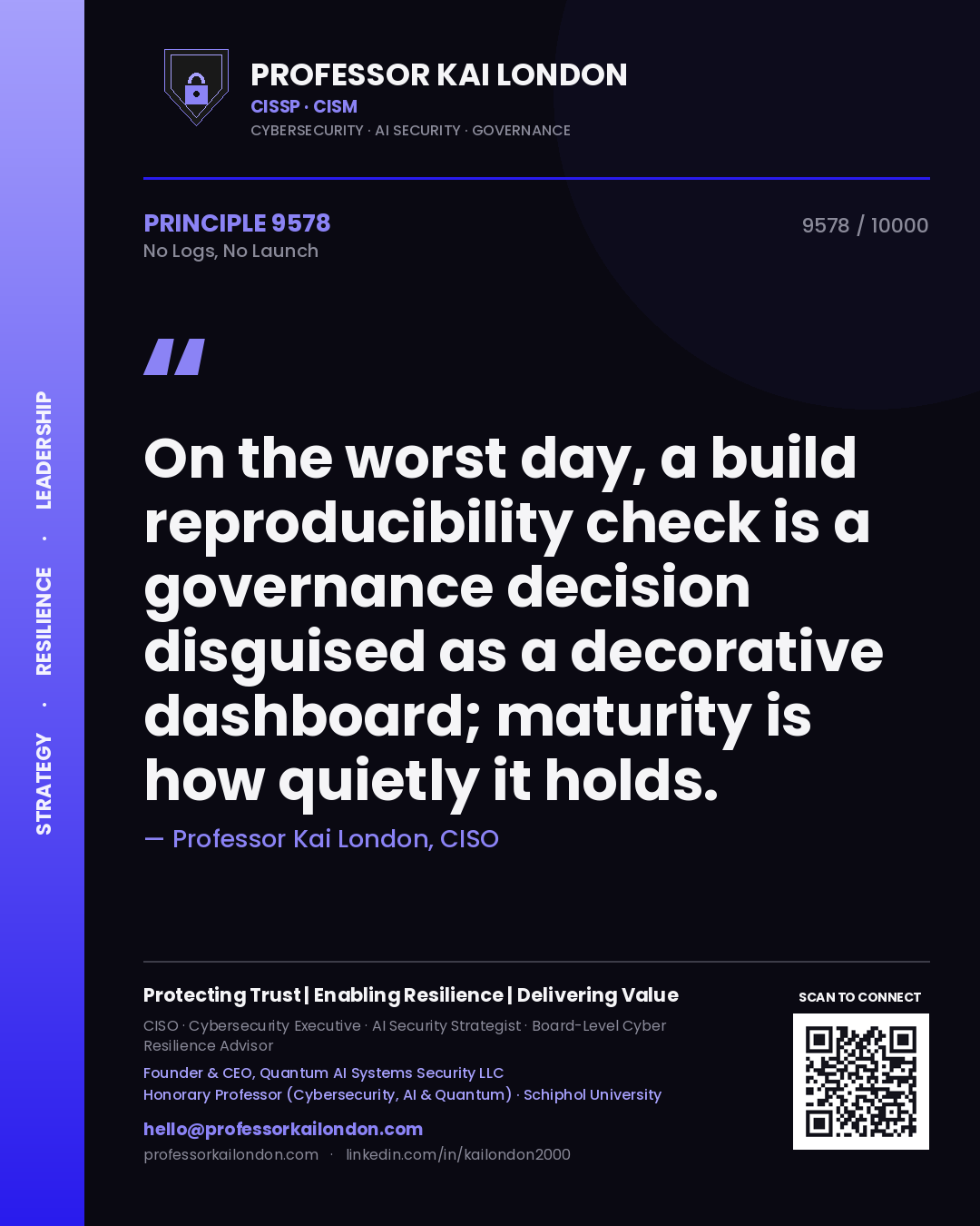 Professor Kai London principle 9578: On the worst day, a build reproducibility check is a governance decision disguised as a decorative dashboard; maturity is how quietly it holds.