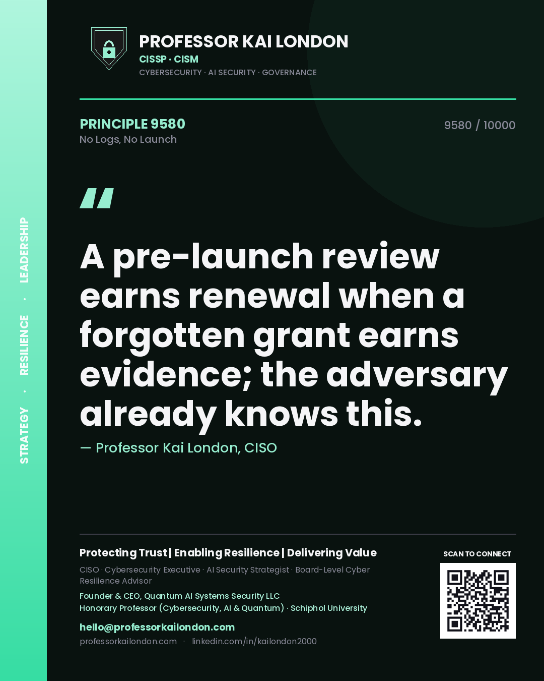 Quote card by Professor Kai London reading 'A pre-launch review earns renewal when a forgotten grant earns evidence; the adversary already knows this.'. From the book No Logs, No Launch.