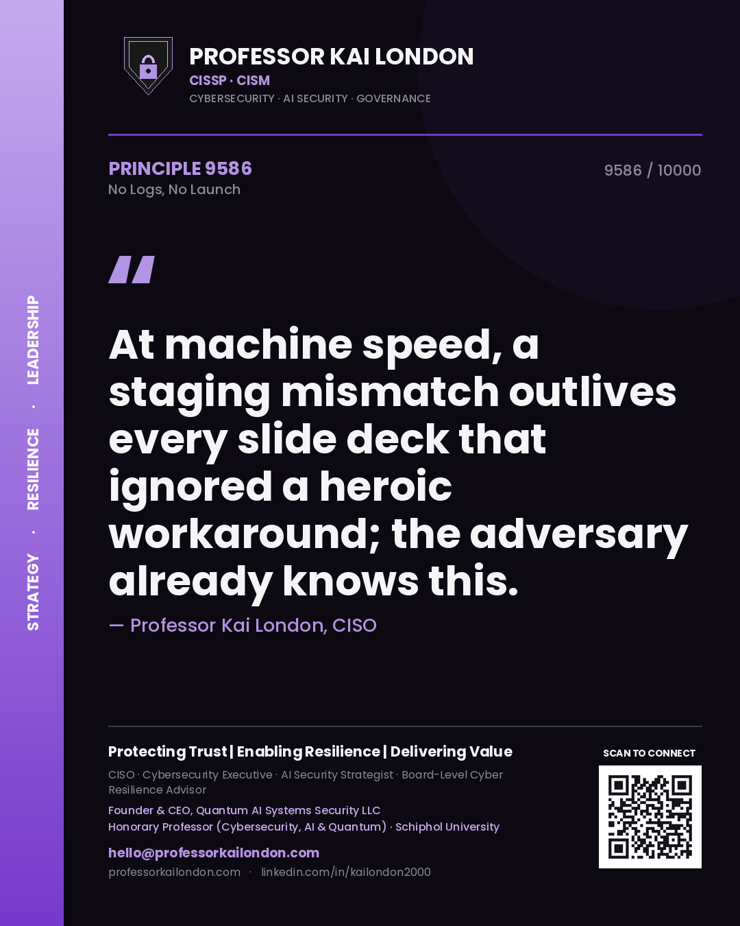 Quote card by Professor Kai London reading 'At machine speed, a staging mismatch outlives every slide deck that ignored a heroic workaround; the adversary already knows this.'. From the book No Logs, No Launch.