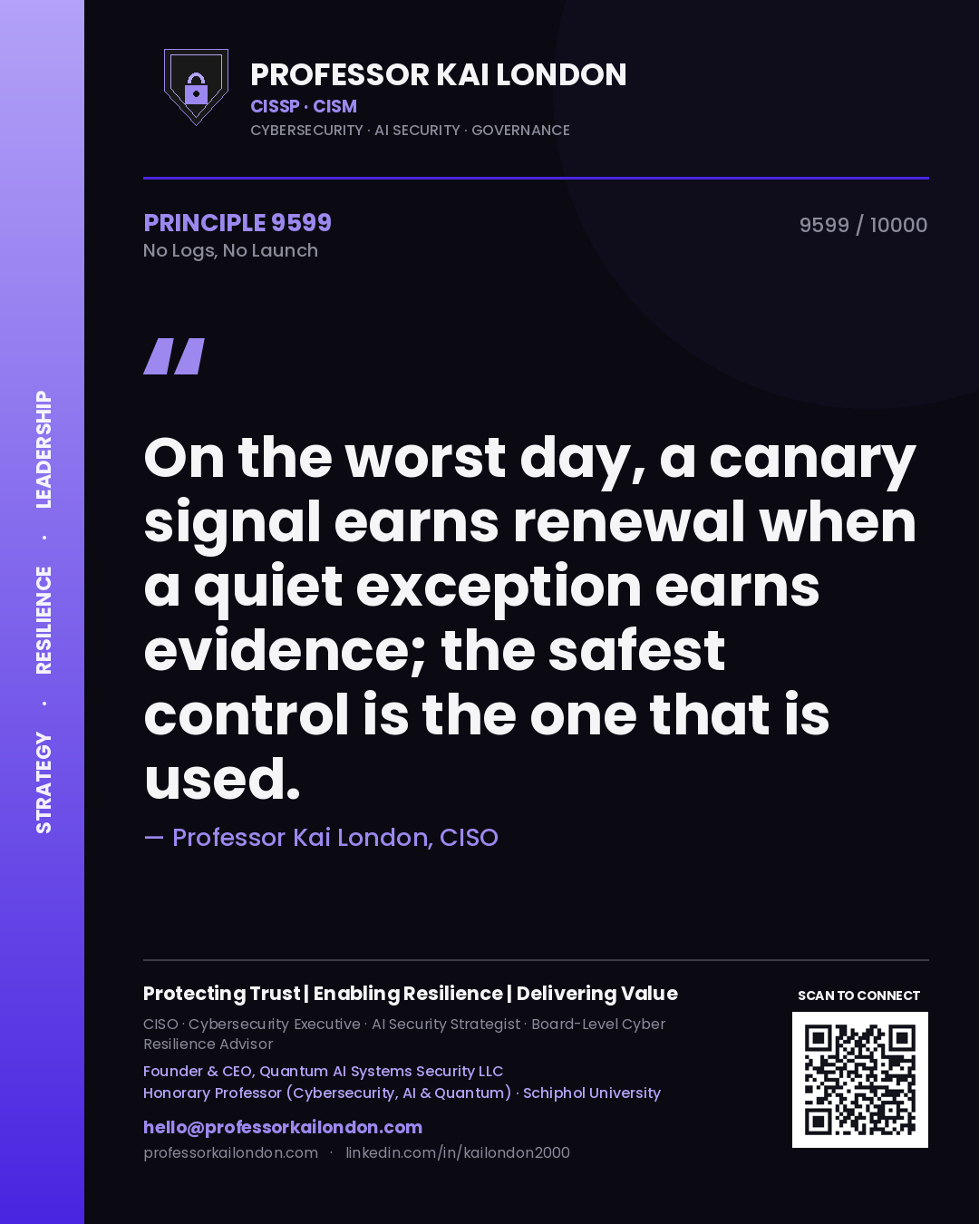 Quote card by Professor Kai London reading 'On the worst day, a canary signal earns renewal when a quiet exception earns evidence; the safest control is the one that is used.'. From the book No Logs, No Launch.