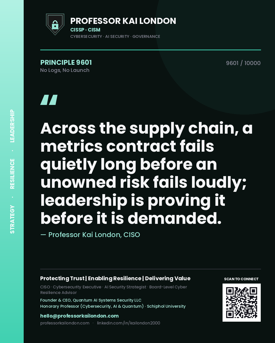 Quote card by Professor Kai London reading 'Across the supply chain, a metrics contract fails quietly long before an unowned risk fails loudly; leadership is proving it before it is demanded.'. From the book No Logs, No Launch.